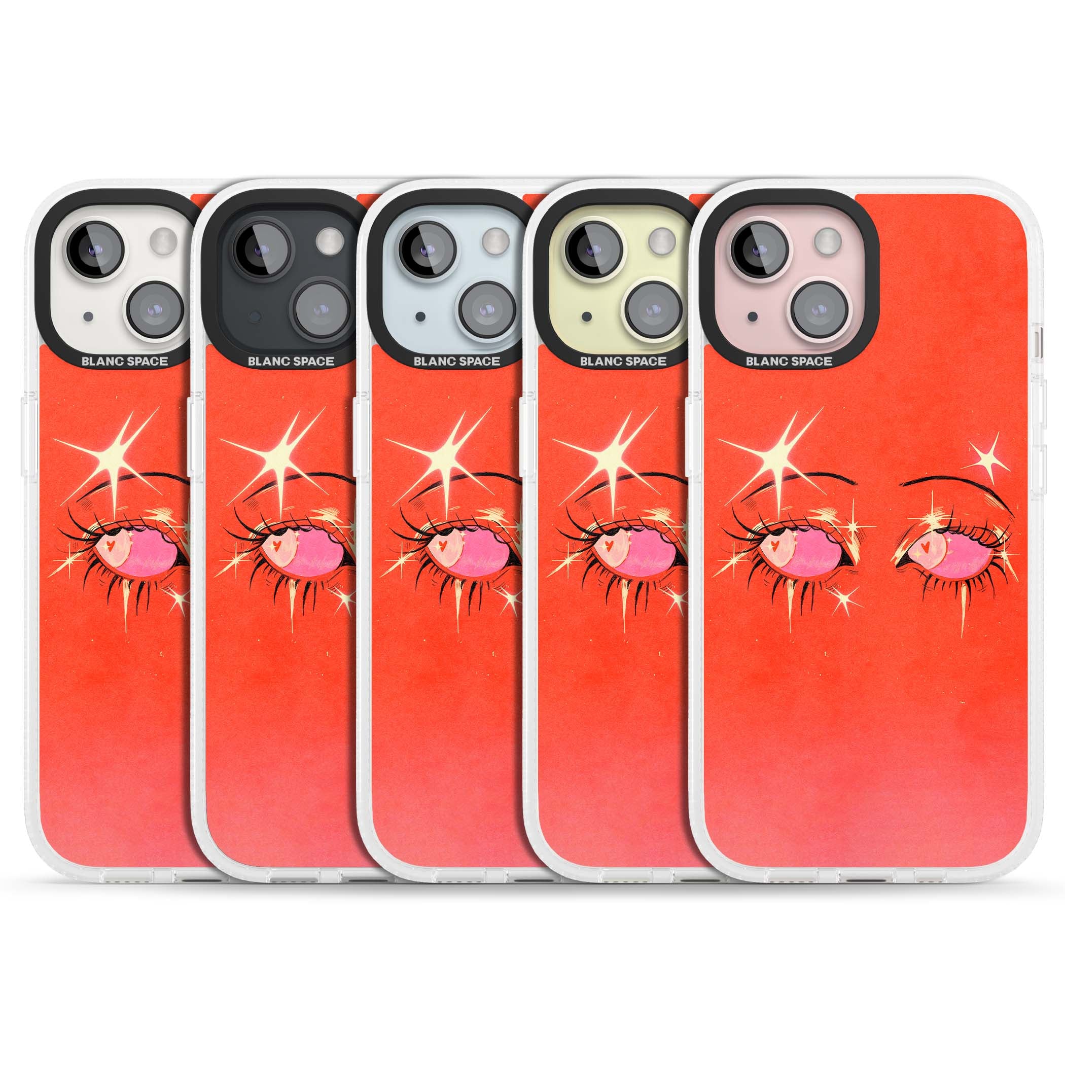 Pink Ethereal Eyes anime iPhone case featuring hand-drawn sparkly eyes with pink hearts and gold stars on red | Clear Case Impact Air case for iPhone 15, iPhone 15 Plus