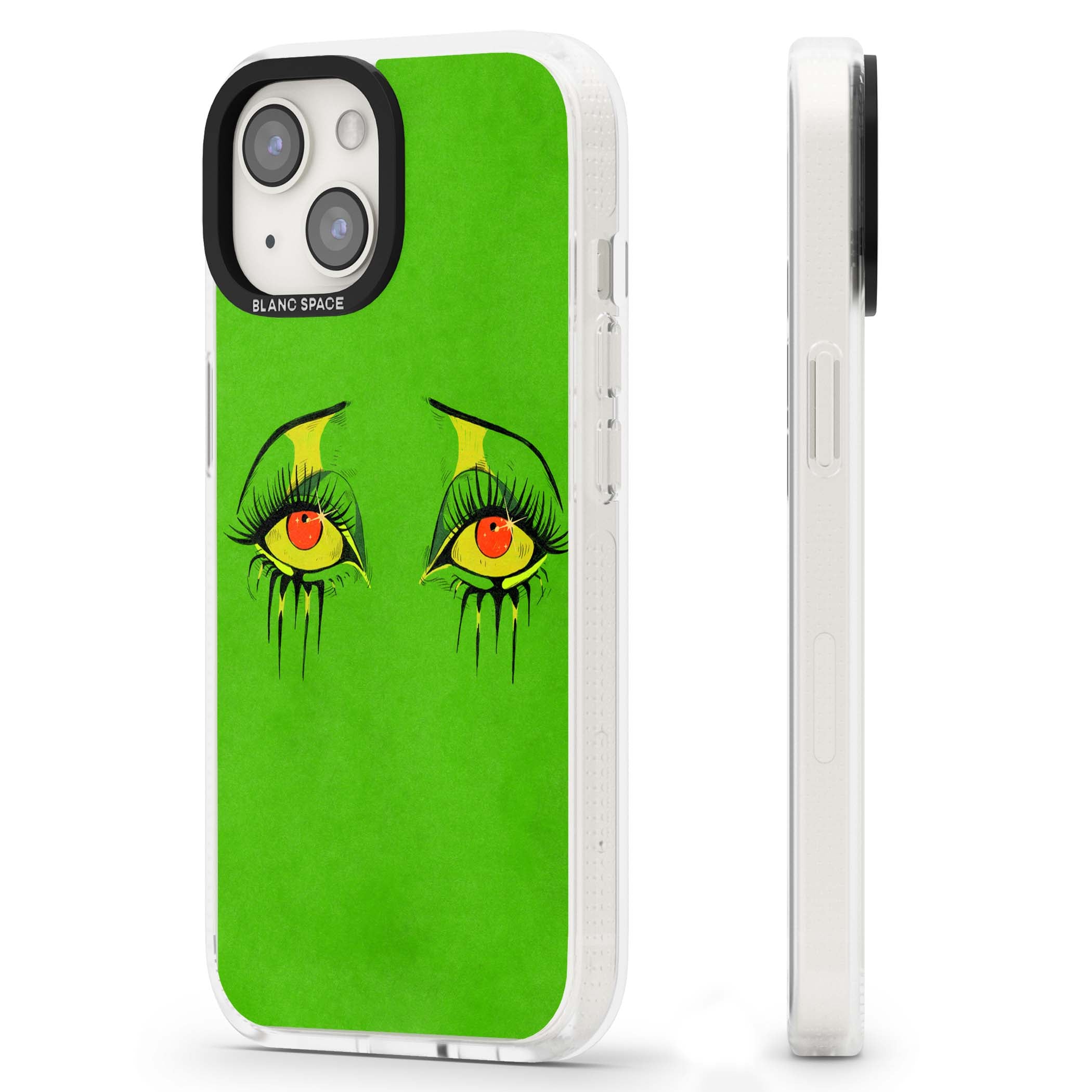 Green Enchanted Eyes psychedelic art iPhone case featuring hand-drawn dripping eyes on neon green background | Clear Case Impact Air case for iPhone 15, iPhone 15 Plus