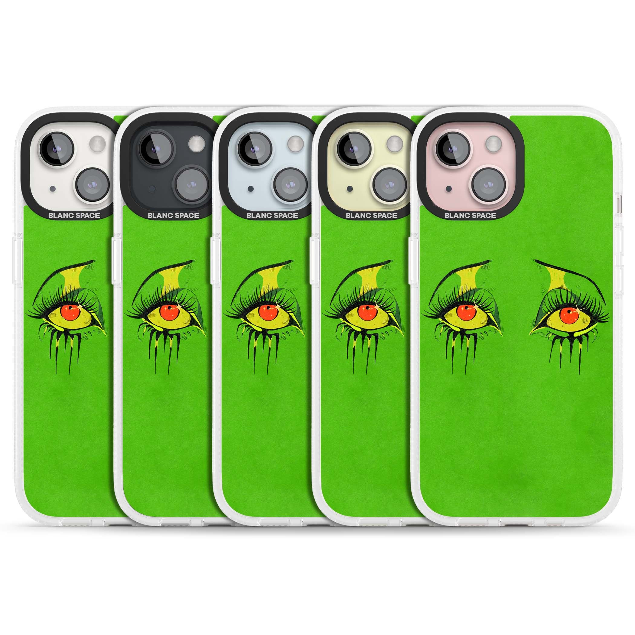Green Enchanted Eyes psychedelic art iPhone case featuring hand-drawn dripping eyes on neon green background | Clear Case Impact Air case for iPhone 15, iPhone 15 Plus