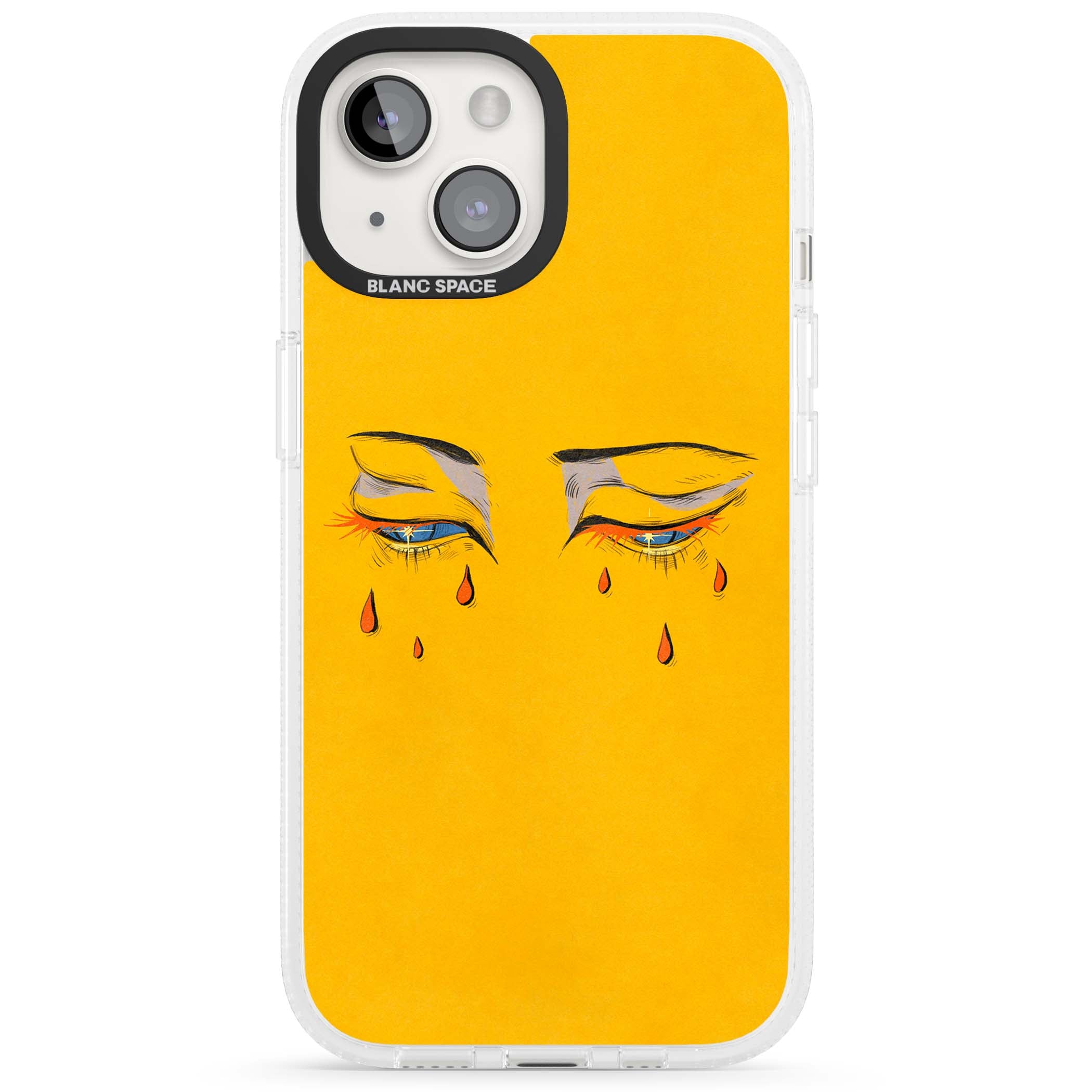 Yellow Tearful Eyes indie iPhone case featuring hand-drawn crying eyes with orange tears on a yellow background | Clear Case Impact Air case for iPhone 15, iPhone 15 Plus