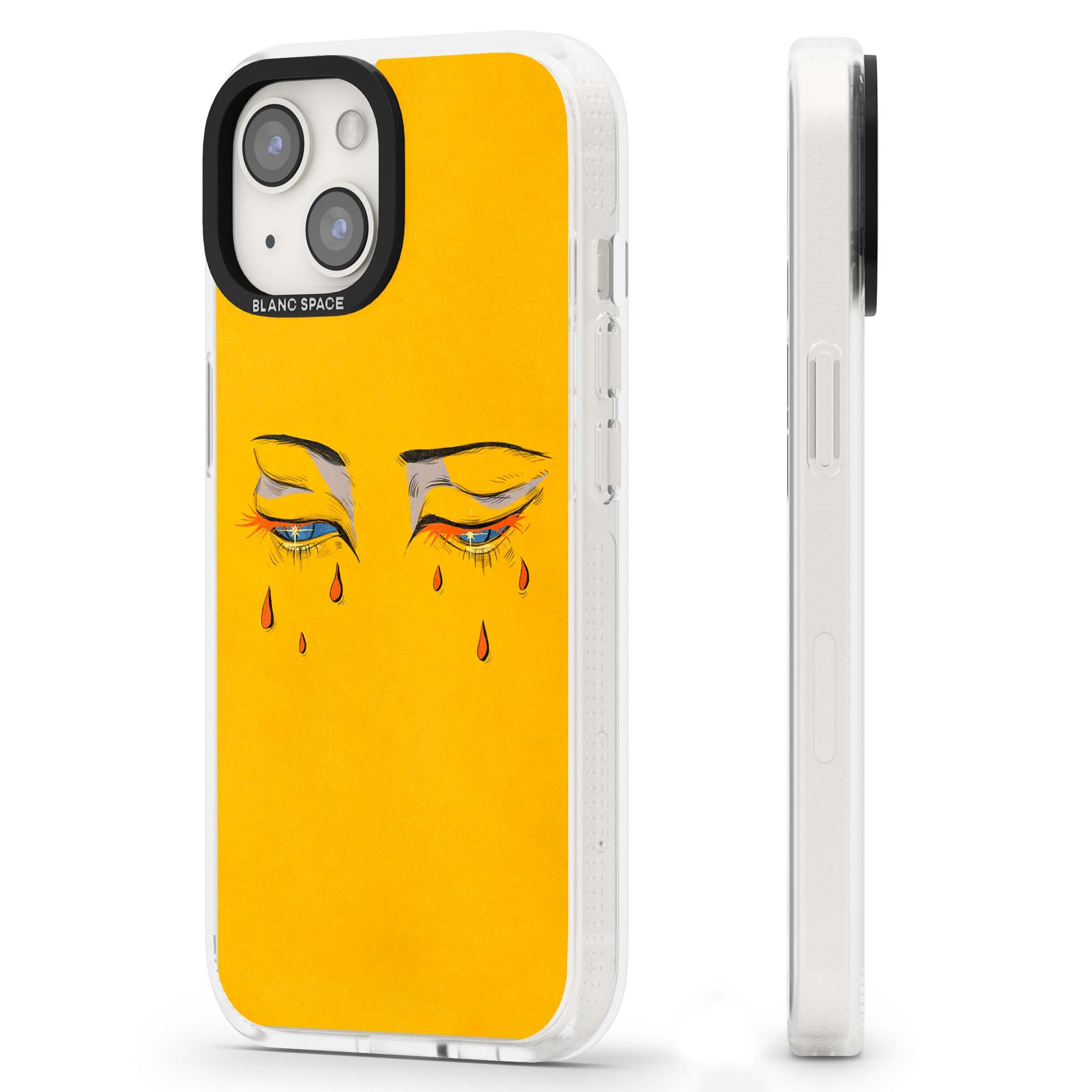 Yellow Tearful Eyes indie iPhone case featuring hand-drawn crying eyes with orange tears on a yellow background | Clear Case Impact Air case for iPhone 15, iPhone 15 Plus