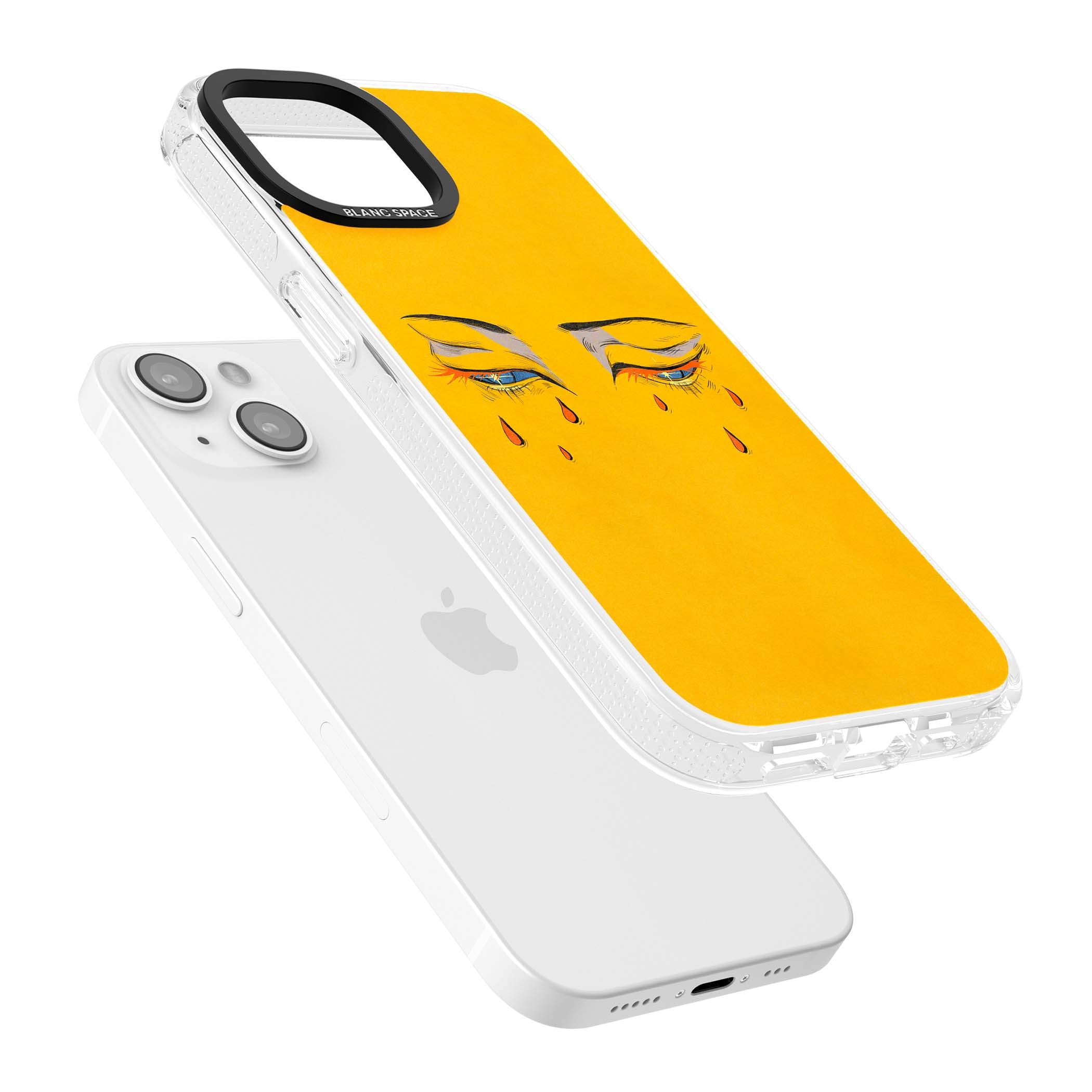 Yellow Tearful Eyes indie iPhone case featuring hand-drawn crying eyes with orange tears on a yellow background | Clear Case Impact Air case for iPhone 15, iPhone 15 Plus