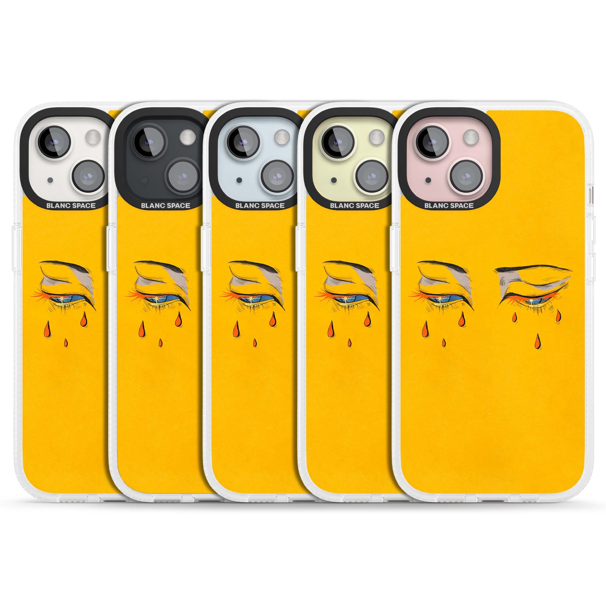Yellow Tearful Eyes indie iPhone case featuring hand-drawn crying eyes with orange tears on a yellow background | Clear Case Impact Air case for iPhone 15, iPhone 15 Plus