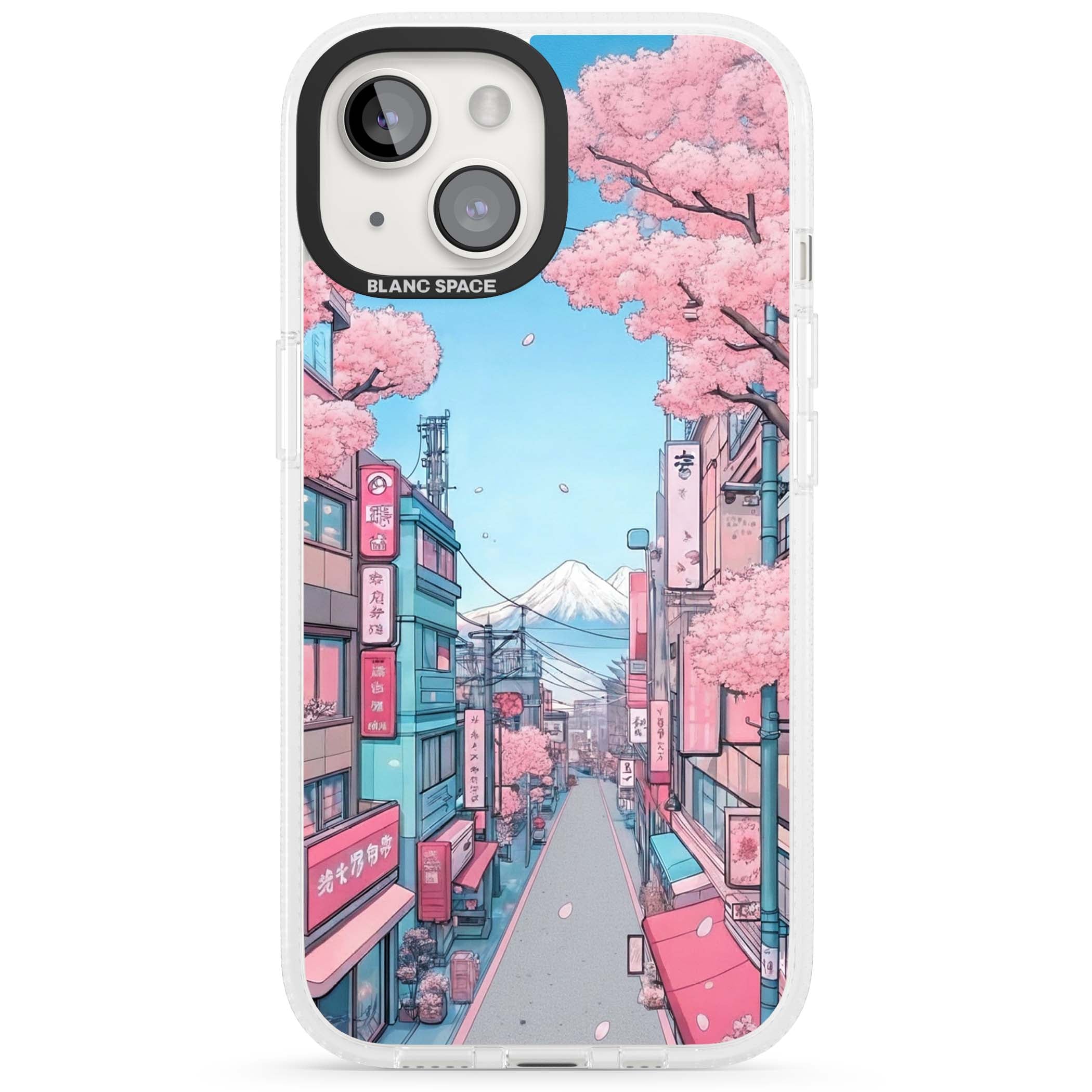 Sakura Lane anime iPhone case featuring Tokyo street scene with cherry blossoms and Mount Fuji | Clear Case Impact Air case for iPhone 15, iPhone 15 Plus