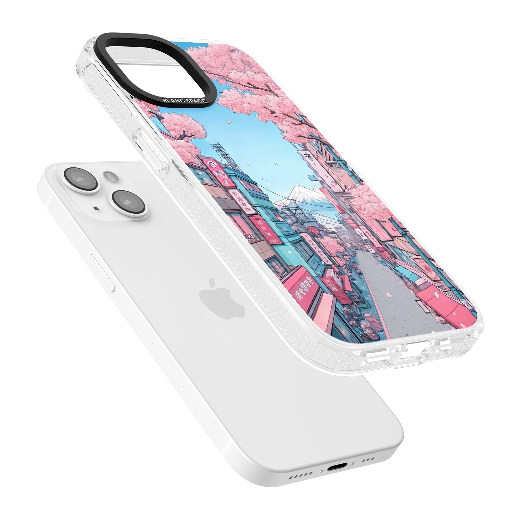Sakura Lane anime iPhone case featuring Tokyo street scene with cherry blossoms and Mount Fuji | Clear Case Impact Air case for iPhone 15, iPhone 15 Plus