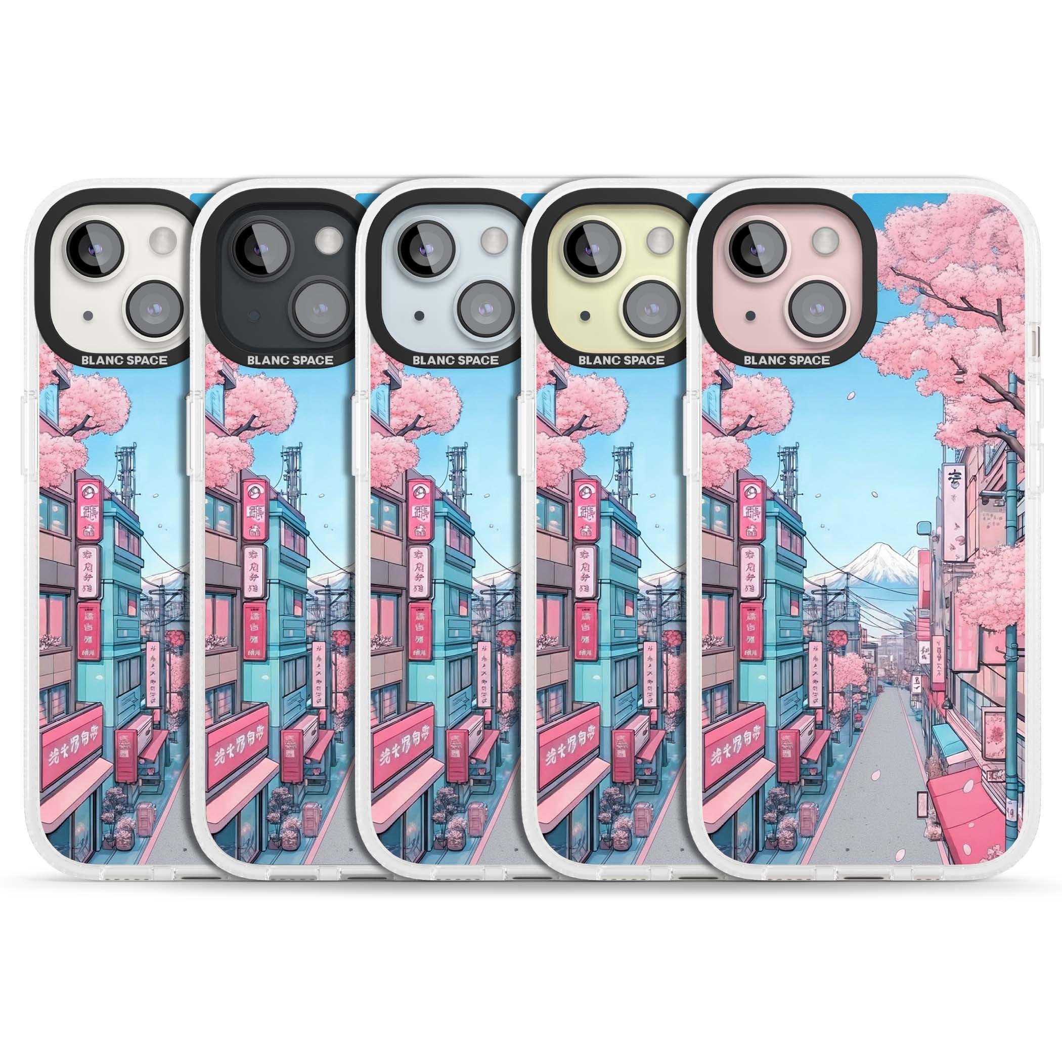 Sakura Lane anime iPhone case featuring Tokyo street scene with cherry blossoms and Mount Fuji | Clear Case Impact Air case for iPhone 15, iPhone 15 Plus