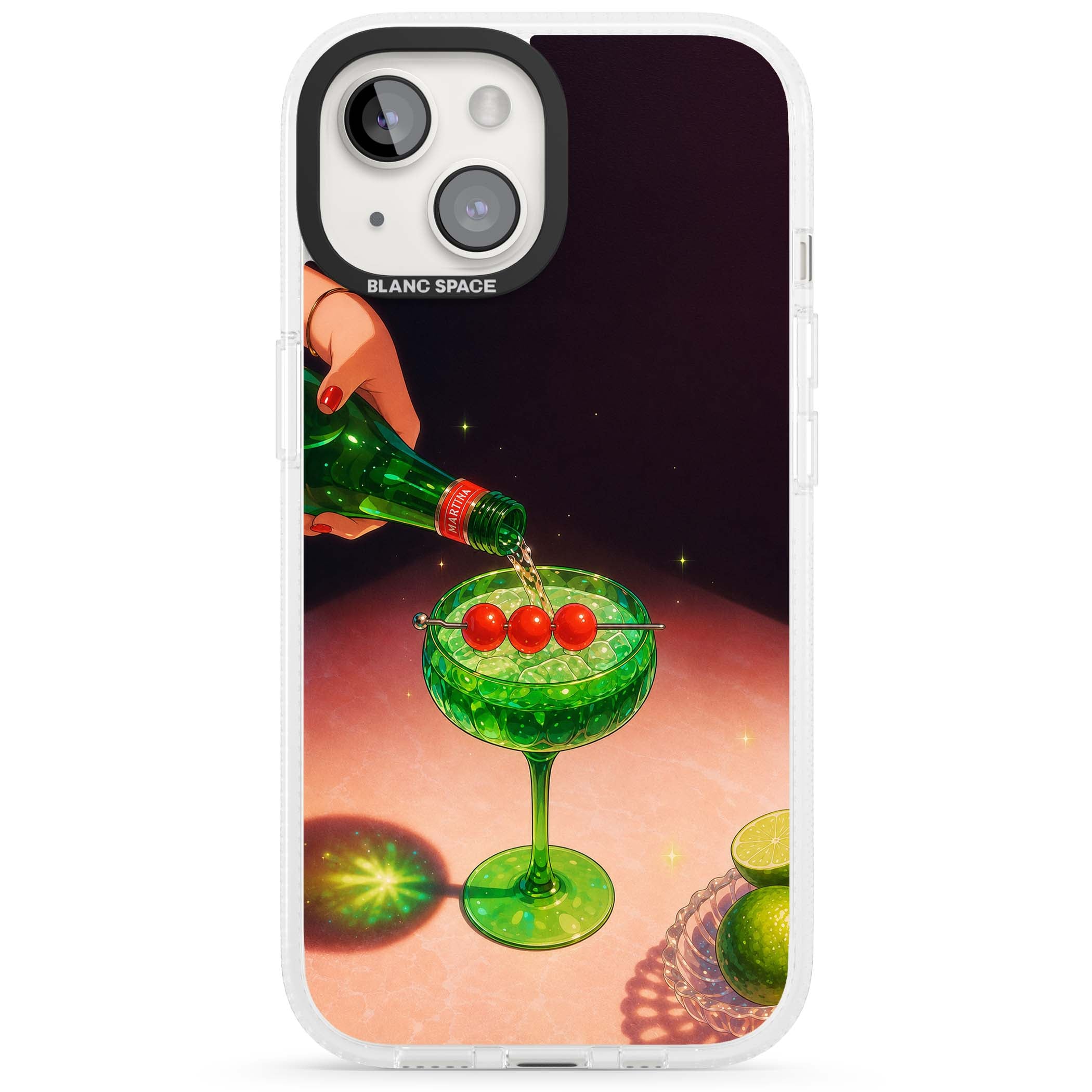 Absinthe Hour cocktail iPhone case featuring a green coupe glass, cherry garnish and vintage bottle pour illustration | Clear Case Impact Air case for iPhone 15, iPhone 15 Plus