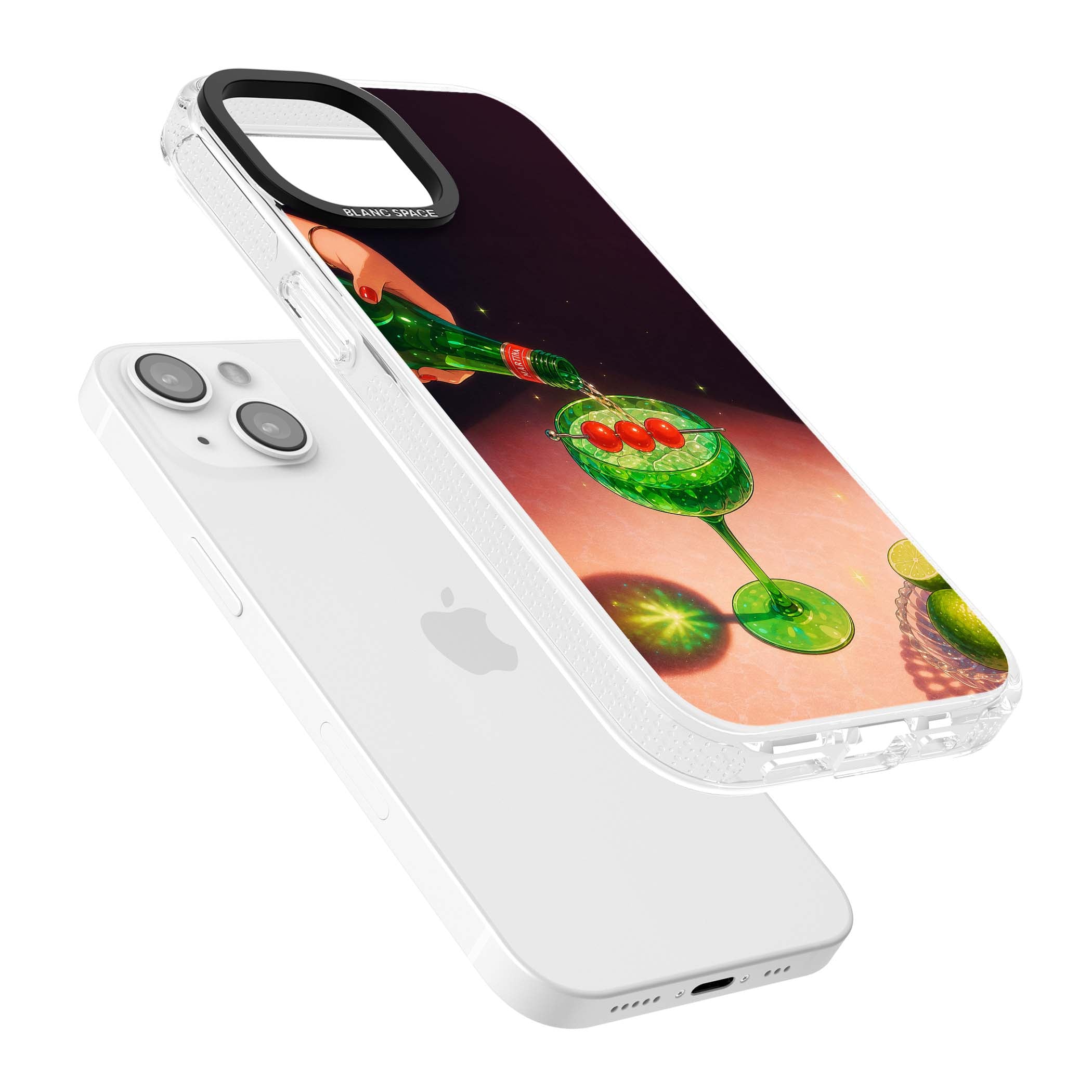 Absinthe Hour cocktail iPhone case featuring a green coupe glass, cherry garnish and vintage bottle pour illustration | Clear Case Impact Air case for iPhone 15, iPhone 15 Plus
