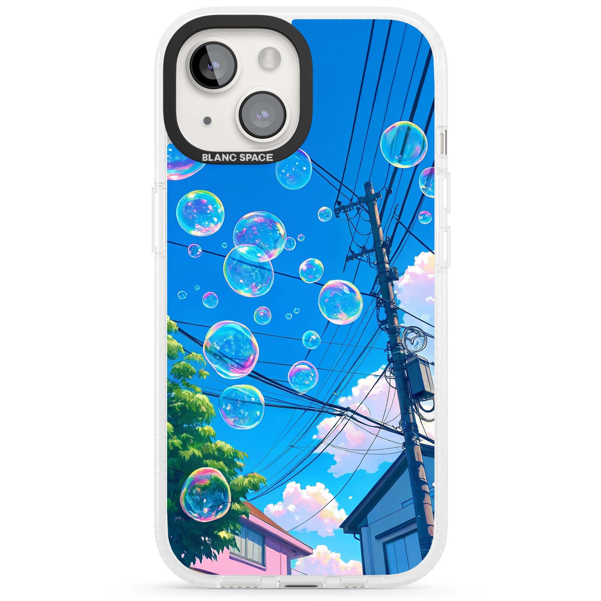 Suburban Bubbles anime iPhone case featuring iridescent soap bubbles, blue sky and Japanese telephone wires | Clear Case Impact Air case for iPhone 15, iPhone 15 Plus