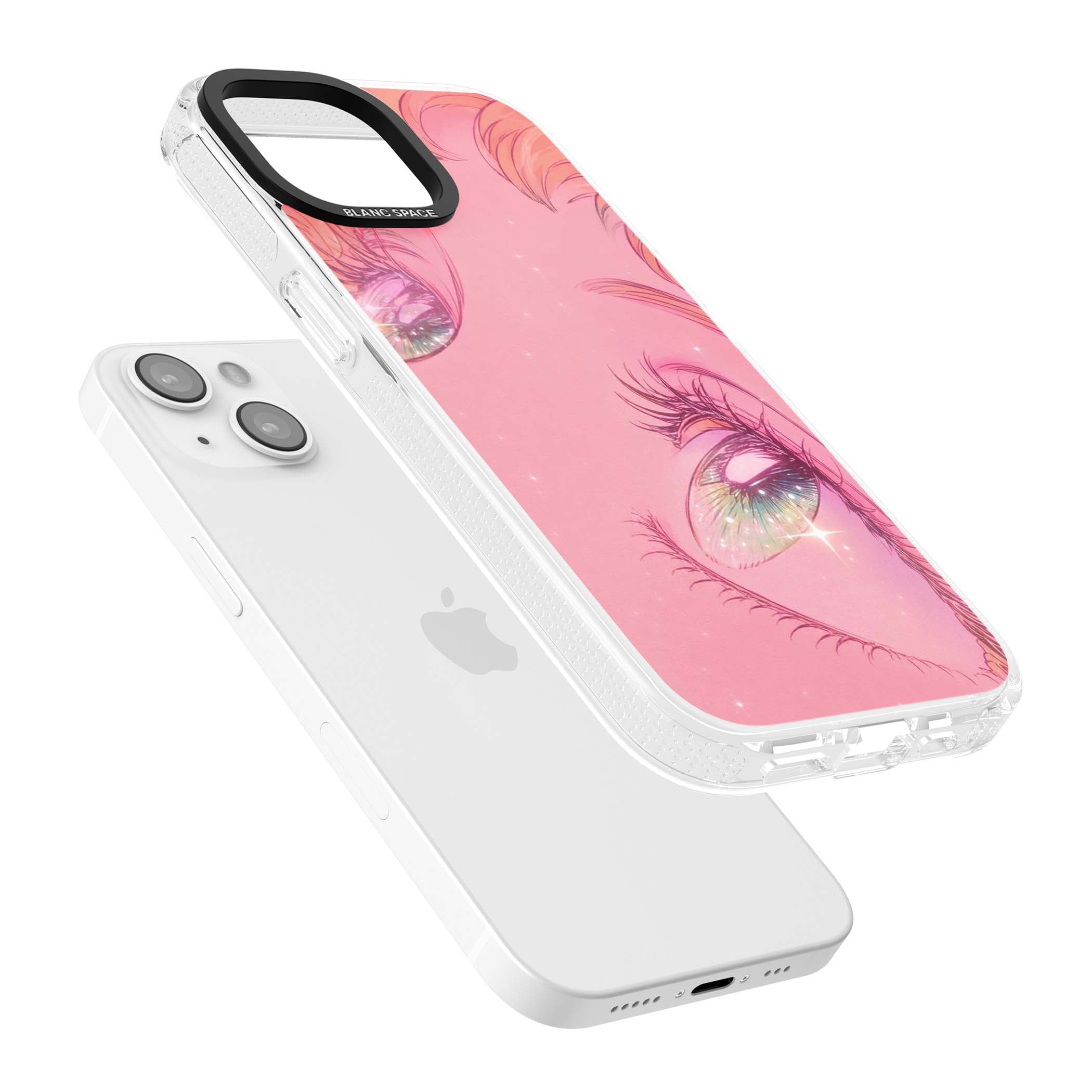 Pink Ethereal Gaze anime iPhone case featuring sparkling manga eyes, coral lashes and dreamy peach sky | Clear Case Impact Air case for iPhone 15, iPhone 15 Plus