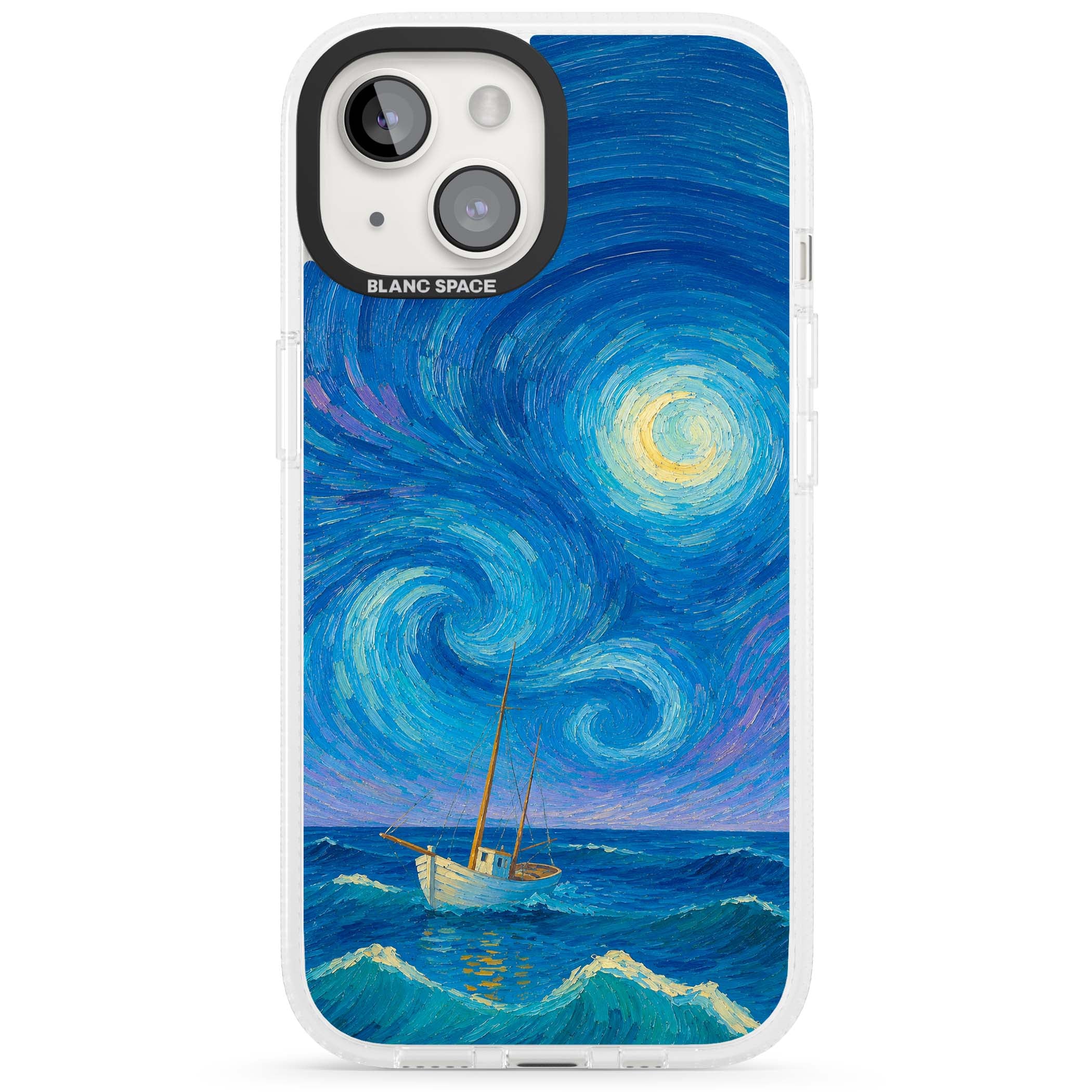 Moonlit Tide Van Gogh art iPhone case featuring swirling starry night sky, glowing moon and lone sailing boat at sea | Clear Case Impact Air case for iPhone 15, iPhone 15 Plus