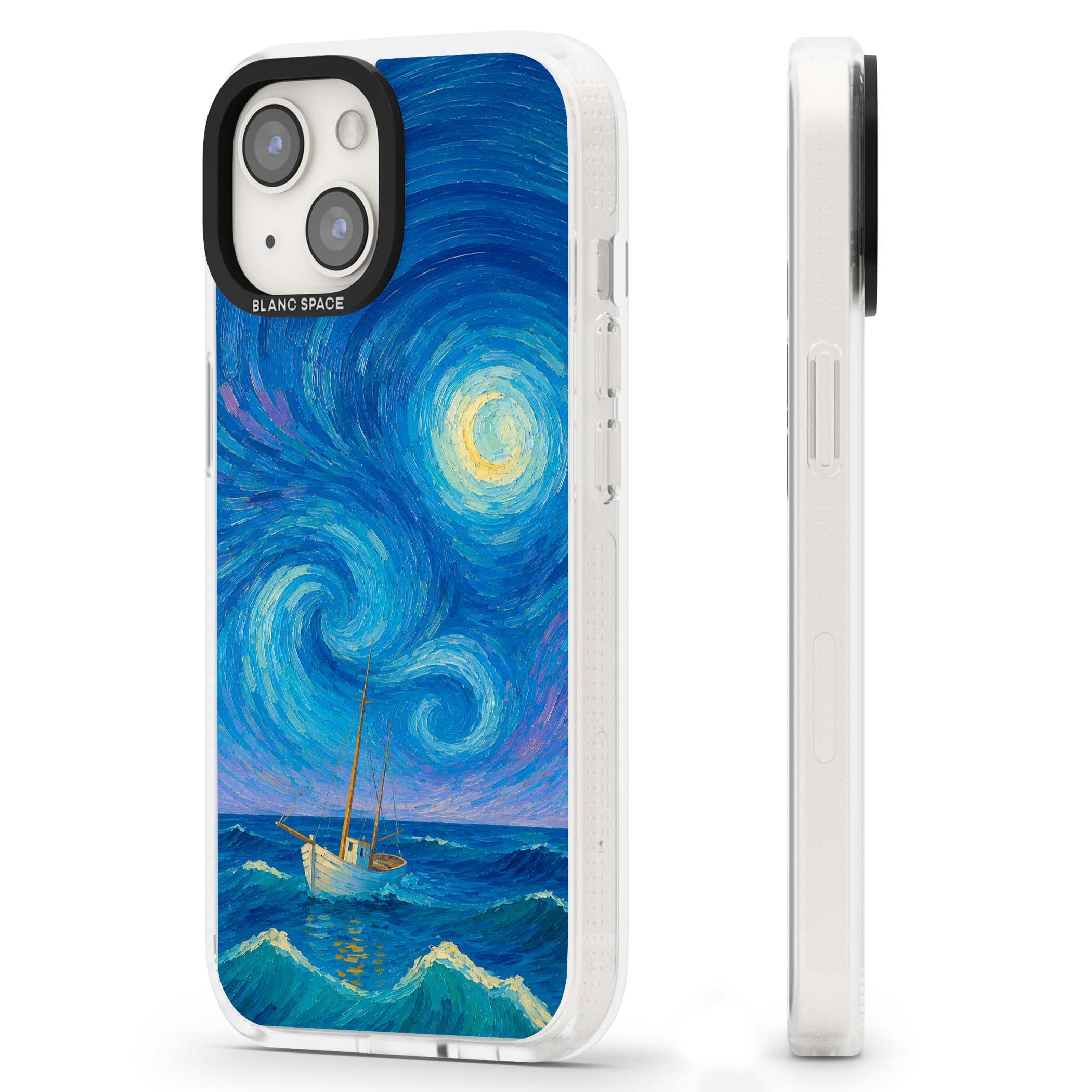 Moonlit Tide Van Gogh art iPhone case featuring swirling starry night sky, glowing moon and lone sailing boat at sea | Clear Case Impact Air case for iPhone 15, iPhone 15 Plus