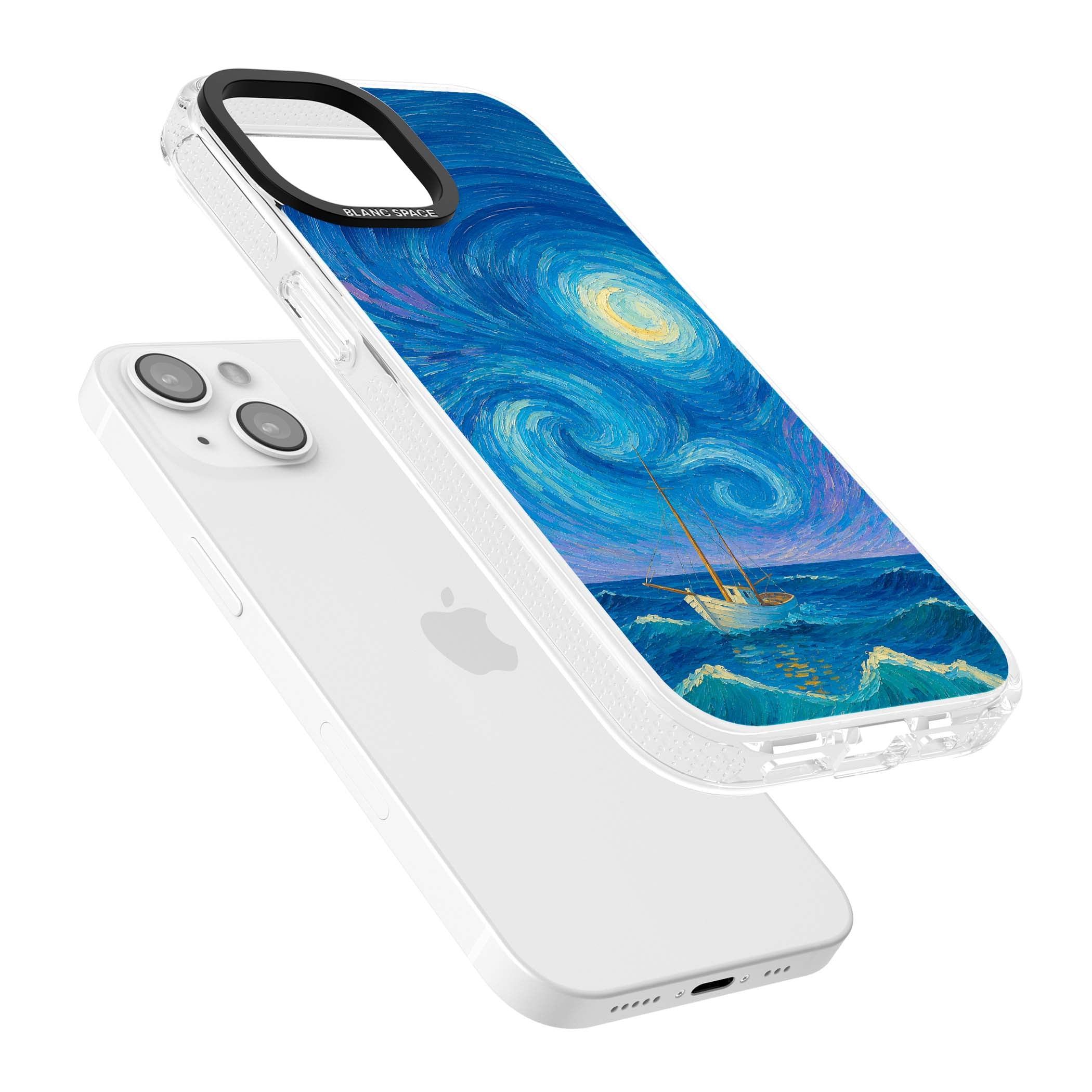 Moonlit Tide Van Gogh art iPhone case featuring swirling starry night sky, glowing moon and lone sailing boat at sea | Clear Case Impact Air case for iPhone 15, iPhone 15 Plus