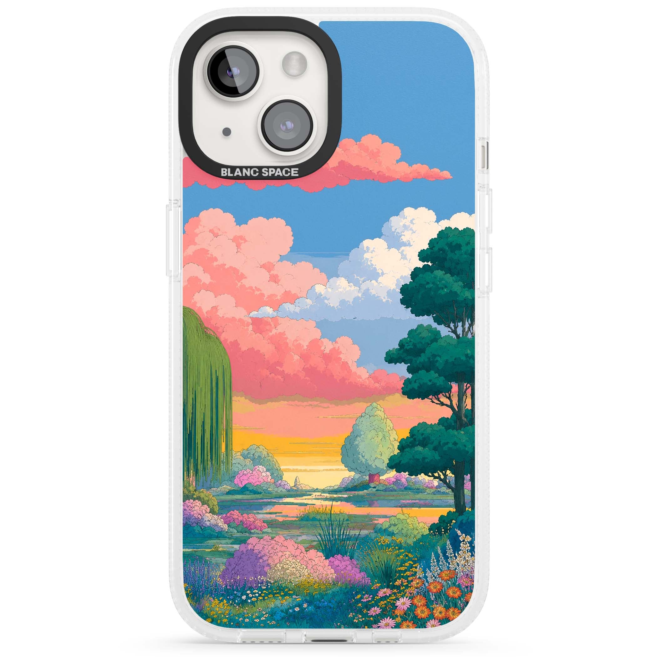 Dream Valley anime landscape iPhone case featuring pink sunset clouds, willow trees and wildflowers | Clear Case Impact Air case for iPhone 15, iPhone 15 Plus