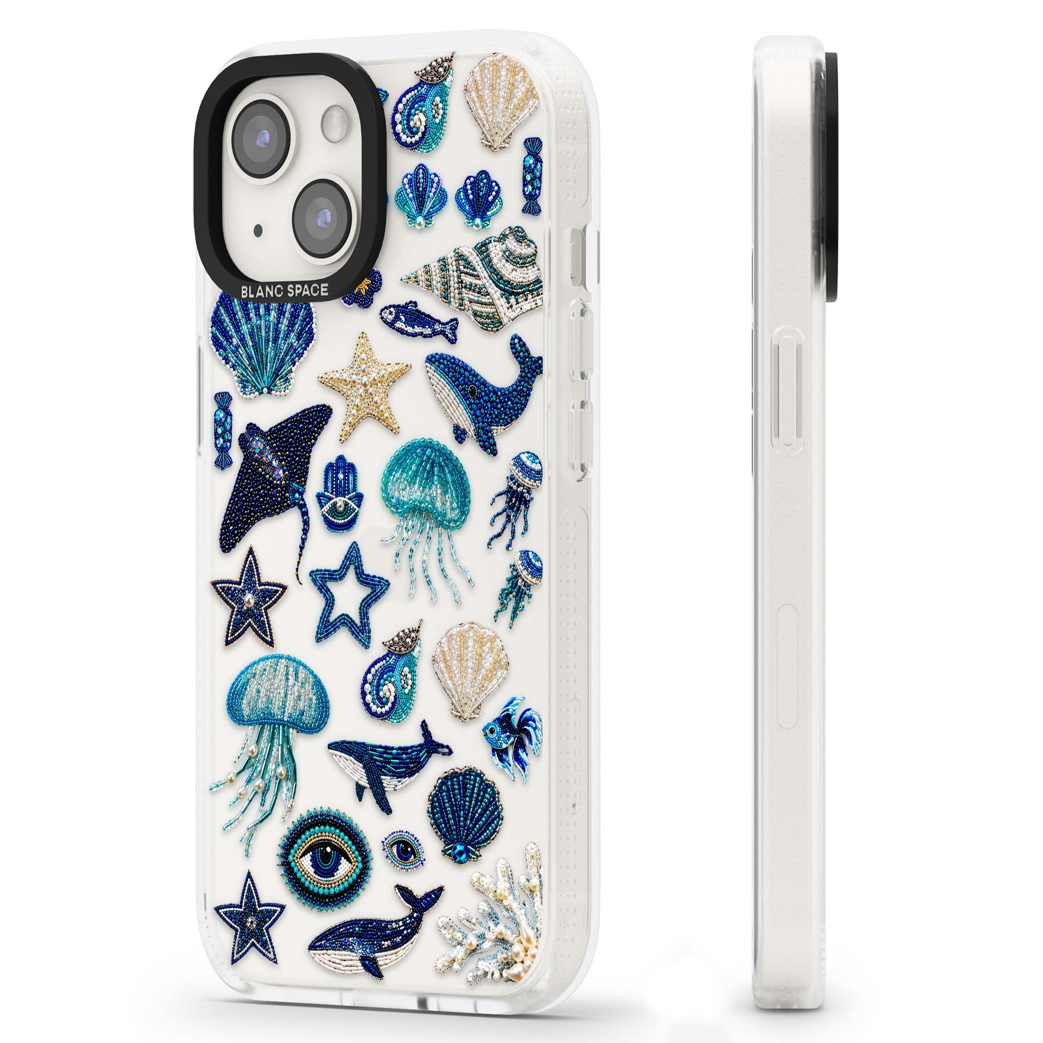 Beaded Coastal coastal iPhone case featuring embroidered seashells, jellyfish and a blue whale on clear | Clear Case Impact Air case for iPhone 15, iPhone 15 Plus