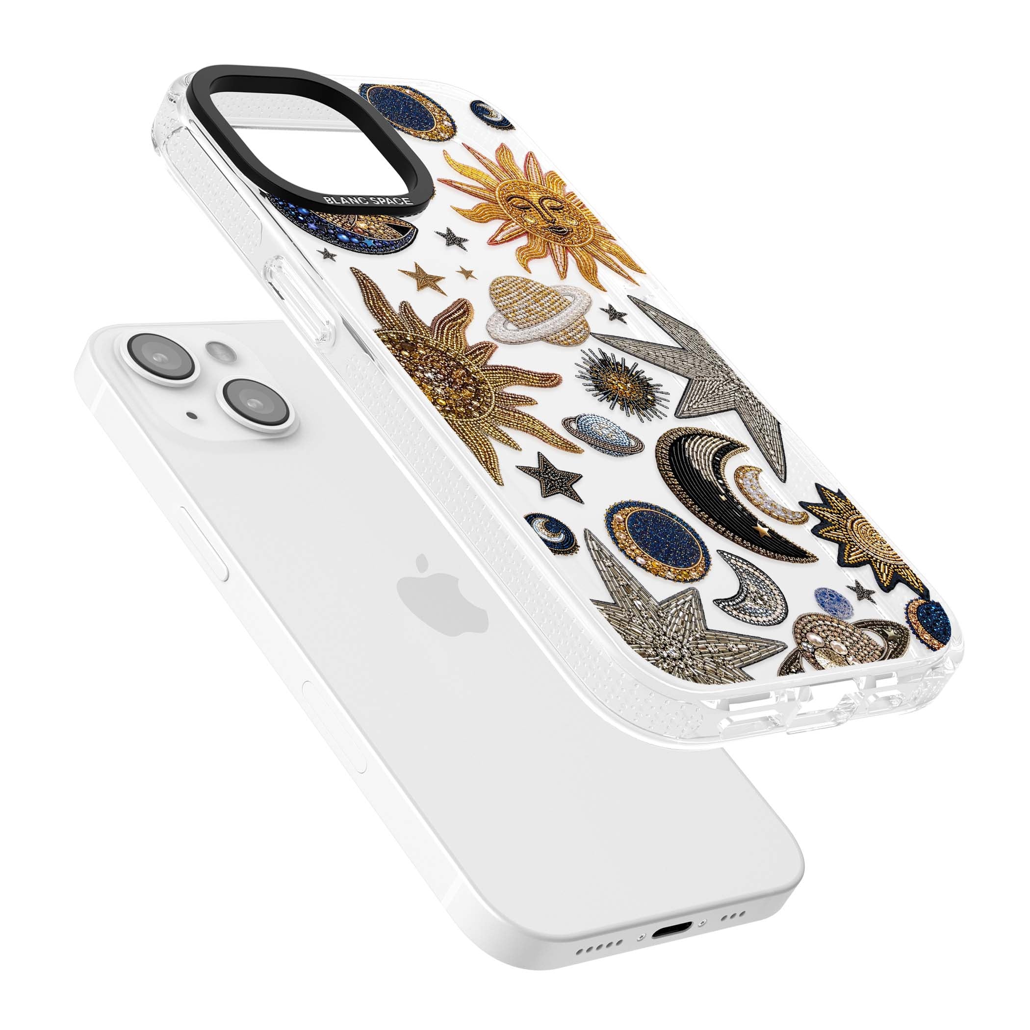 Beaded Cosmos celestial iPhone case featuring embroidered golden suns, beaded planets and silver shooting stars | Clear Case Impact Air case for iPhone 15, iPhone 15 Plus