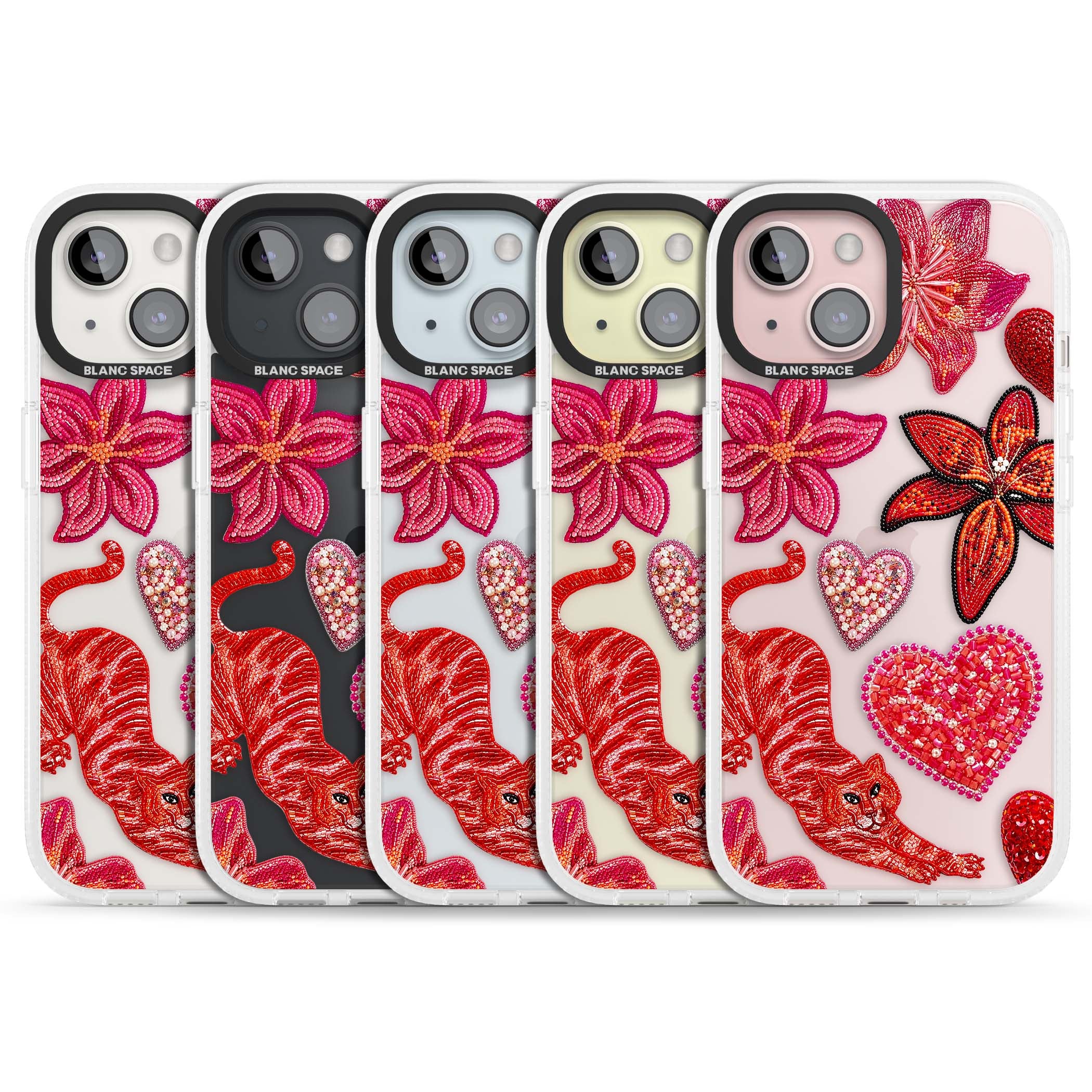 Beaded Boho floral iPhone case featuring beaded red lilies, a stitched tiger, and pearl-encrusted hearts on clear | Clear Case Impact Air case for iPhone 15, iPhone 15 Plus