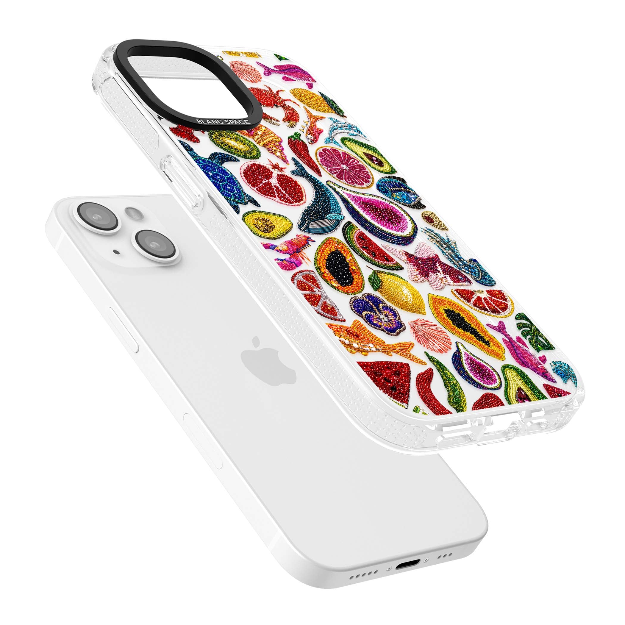 Beaded Tropic tropical iPhone case featuring beaded fruit, fish, crabs and seashells in vibrant colour | Clear Case Impact Air case for iPhone 15, iPhone 15 Plus