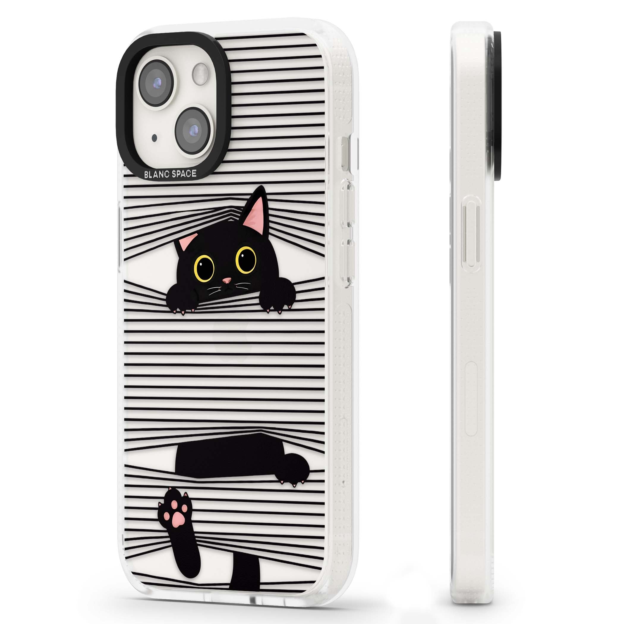 Peek-a-Boo Cat minimal iPhone case featuring black cat peeking through horizontal black and white stripes | Clear Case Impact Air case for iPhone 15, iPhone 15 Plus