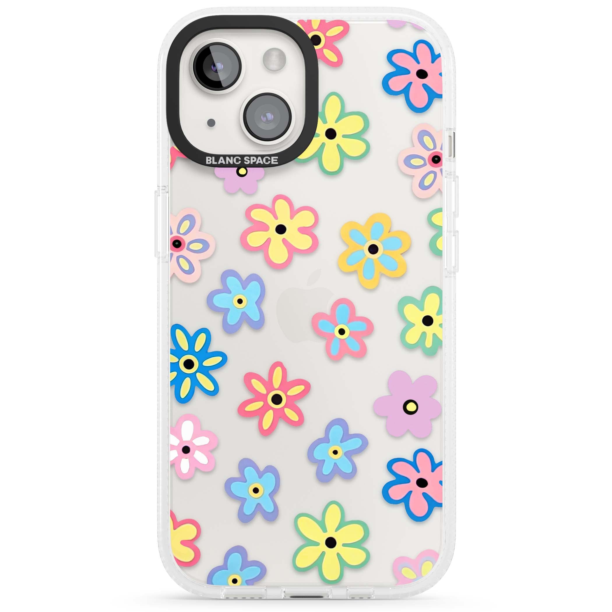 Bloom Pop cottagecore iPhone case featuring multicolor pastel flowers with black centers on clear background | Clear Case Impact Air case for iPhone 15, iPhone 15 Plus