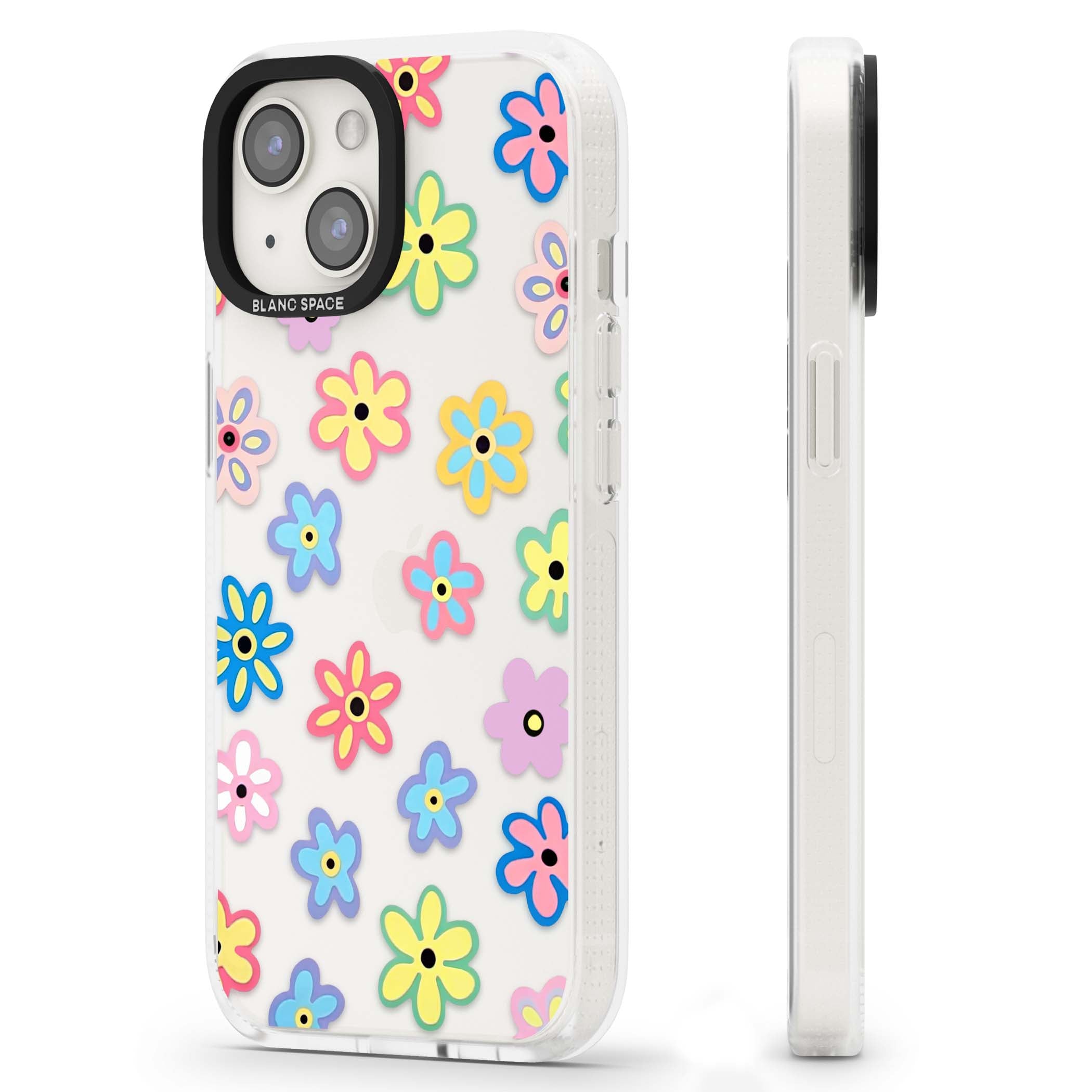 Bloom Pop cottagecore iPhone case featuring multicolor pastel flowers with black centers on clear background | Clear Case Impact Air case for iPhone 15, iPhone 15 Plus