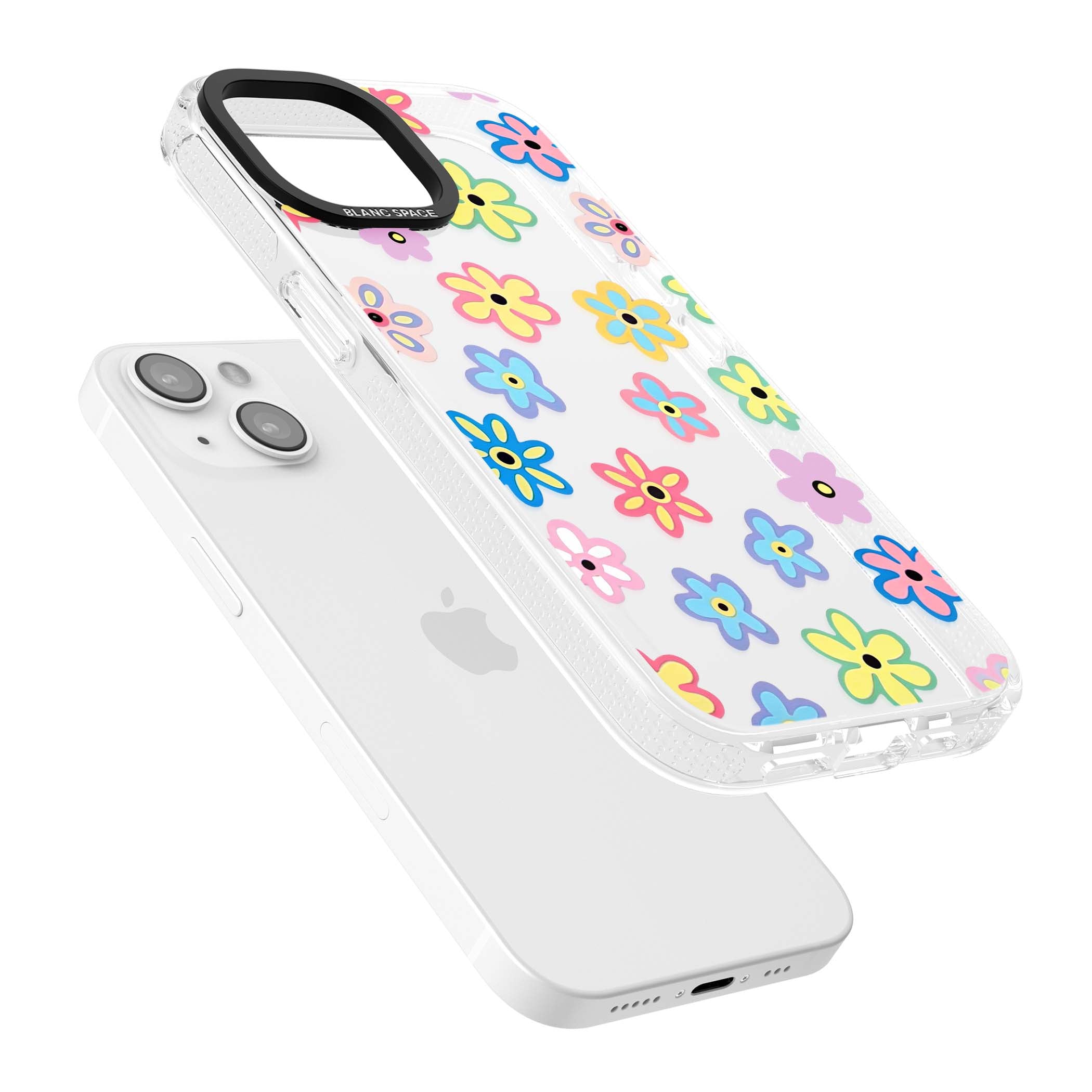 Bloom Pop cottagecore iPhone case featuring multicolor pastel flowers with black centers on clear background | Clear Case Impact Air case for iPhone 15, iPhone 15 Plus