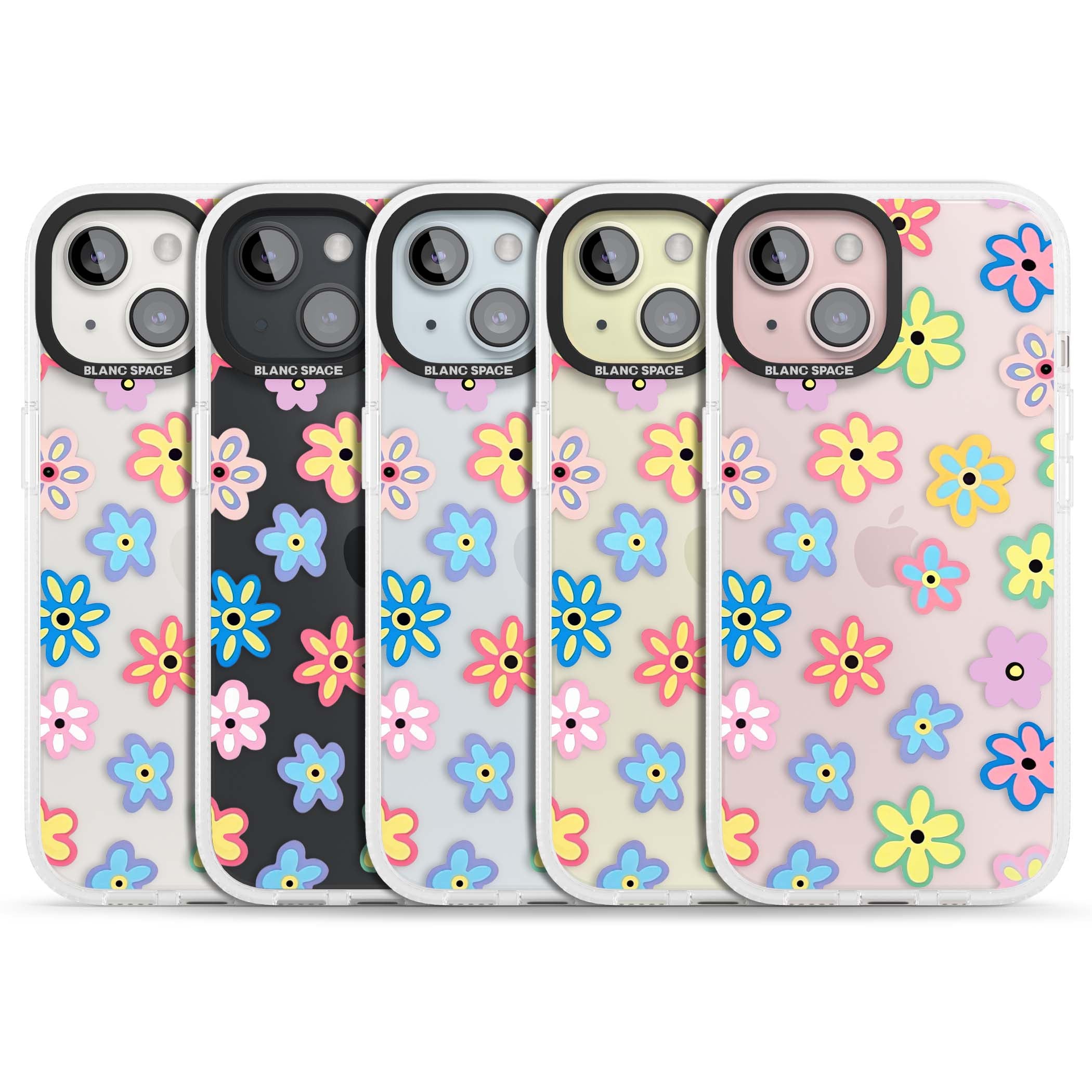Bloom Pop cottagecore iPhone case featuring multicolor pastel flowers with black centers on clear background | Clear Case Impact Air case for iPhone 15, iPhone 15 Plus