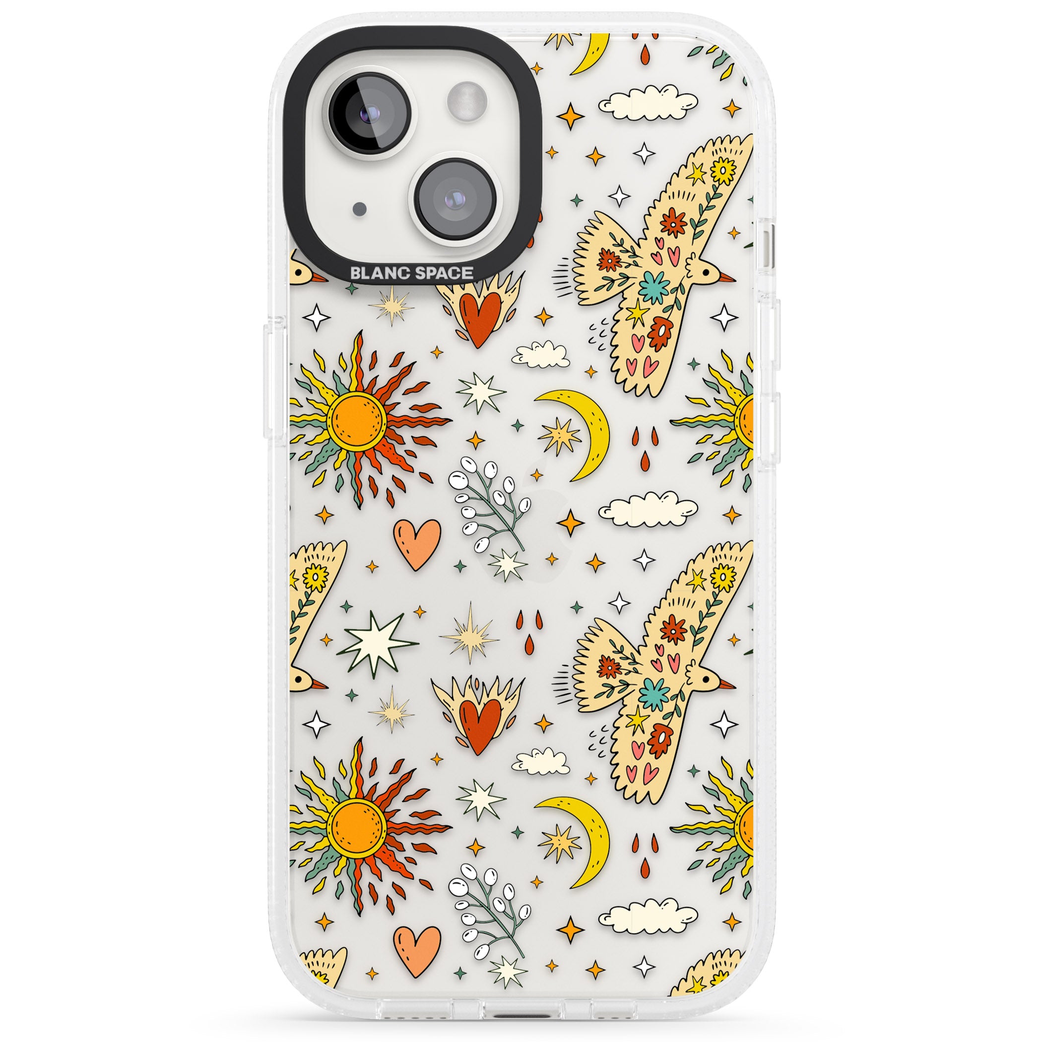 Boho Celestial Floral Bird & Sun iPhone 15 / 14 / 13 Clear Case Impact Air - Blanc Space