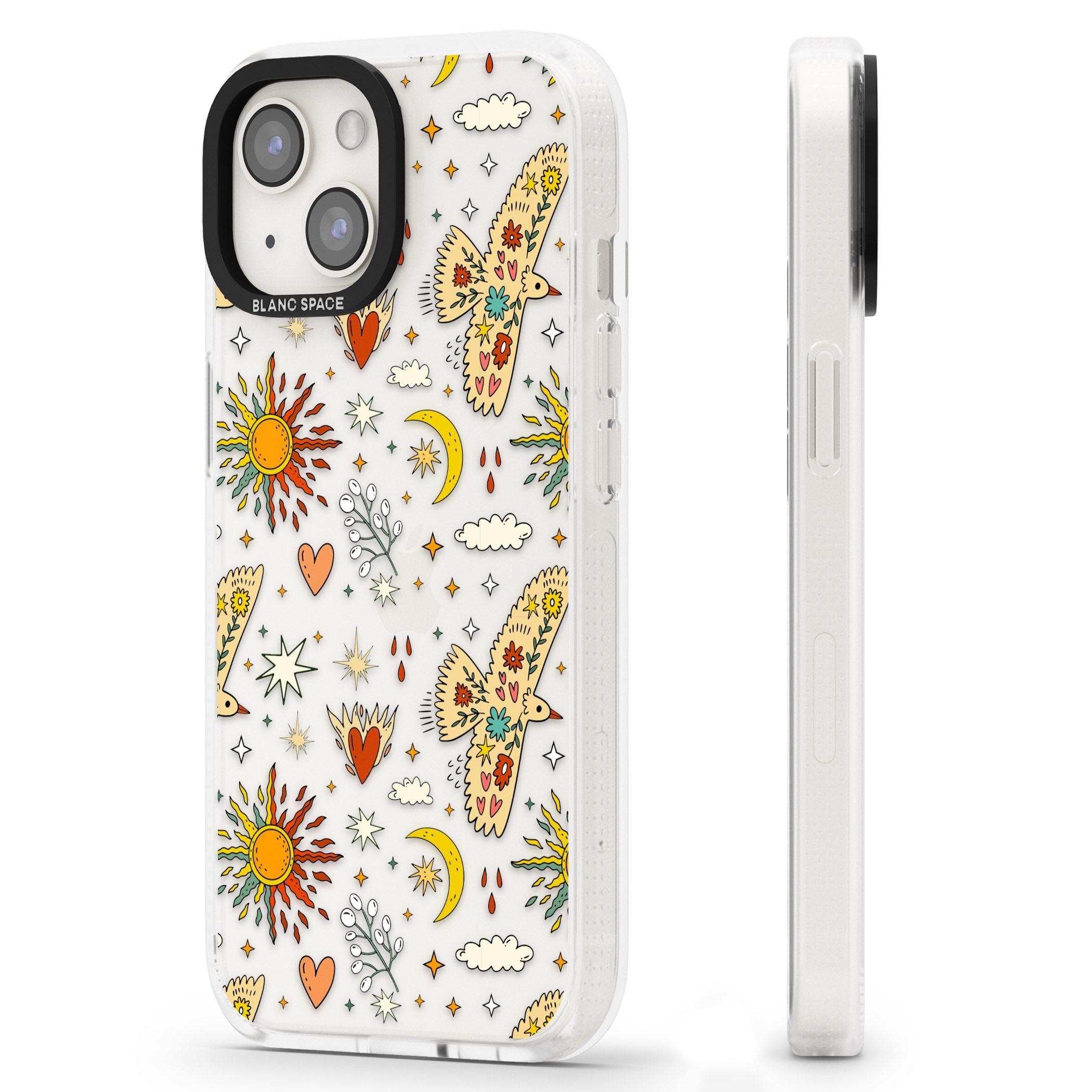 Boho Celestial Floral Bird & Sun iPhone 15 / 14 / 13 Clear Case Impact Air - Blanc Space