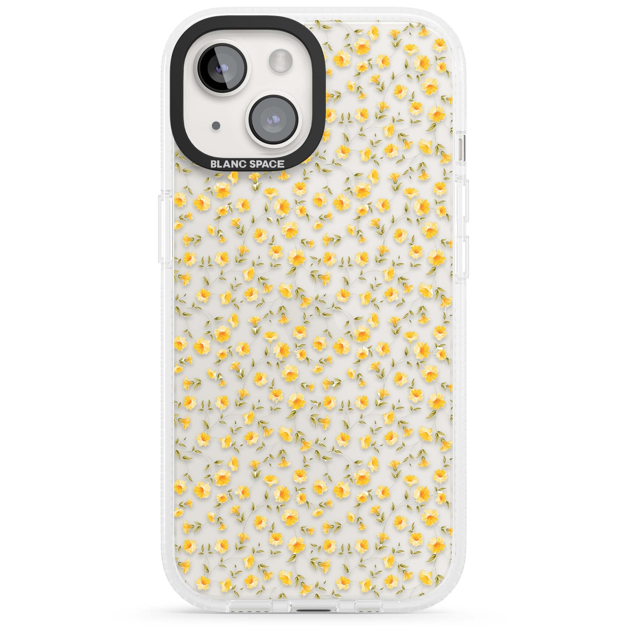 Buttercup wildflower iPhone case featuring tiny yellow flowers and trailing green vines on clear | Clear Case Impact Air case for iPhone 15, iPhone 15 Plus