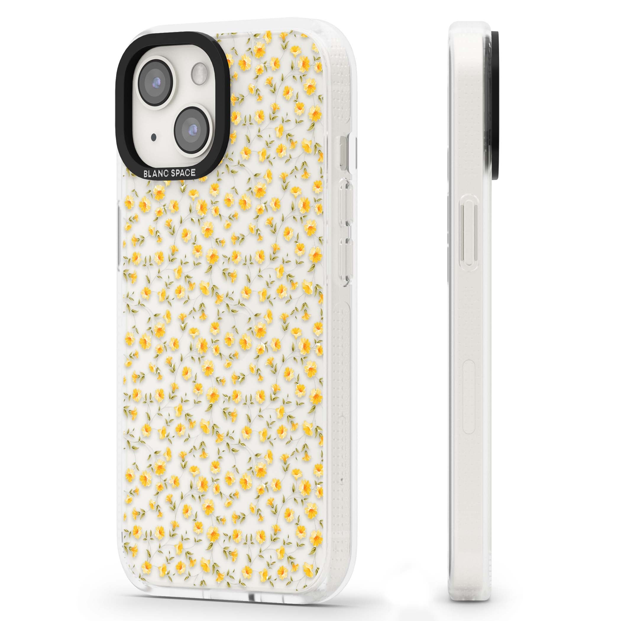 Buttercup wildflower iPhone case featuring tiny yellow flowers and trailing green vines on clear | Clear Case Impact Air case for iPhone 15, iPhone 15 Plus