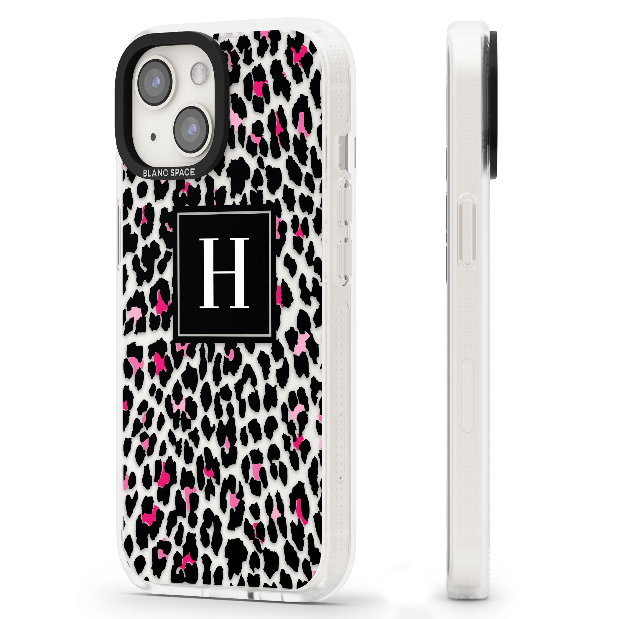Personalised Pink Monogram Leopard Spots iPhone 15 / 14 / 13 Clear Case Impact Air - Blanc Space