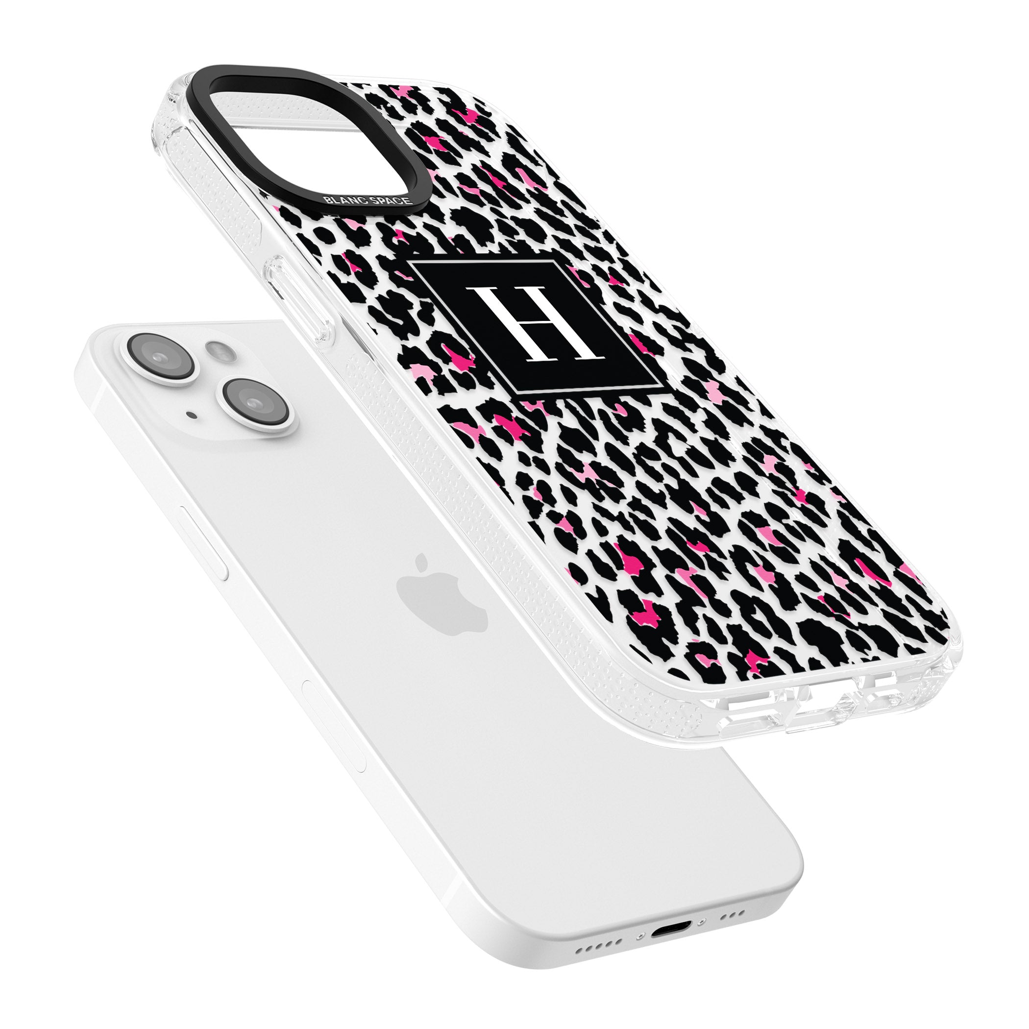 Personalised Pink Monogram Leopard Spots iPhone 15 / 14 / 13 Clear Case Impact Air - Blanc Space