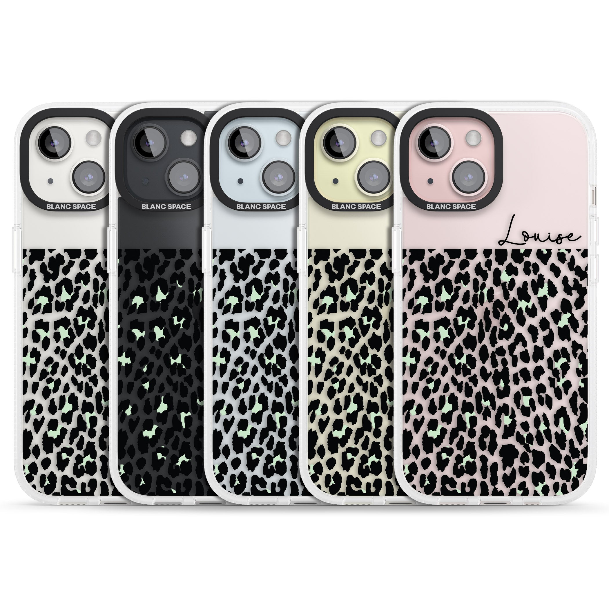 Personalised Seafoam Green & Cursive Leopard Spots iPhone 15 / 14 / 13 Clear Case Impact Air - Blanc Space