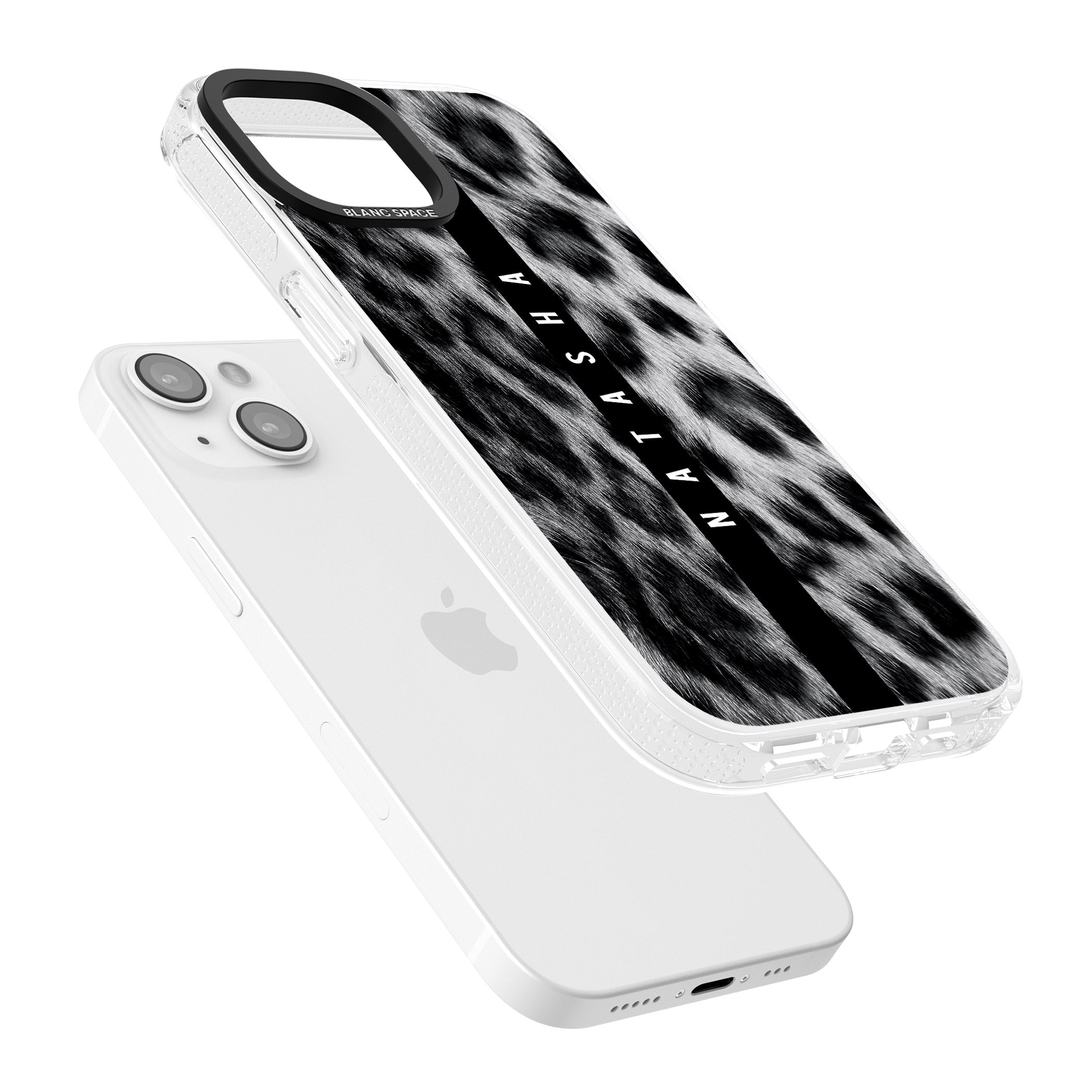 Personalised Snow Leopard Print iPhone 15 / 14 / 13 Clear Case Impact Air - Blanc Space