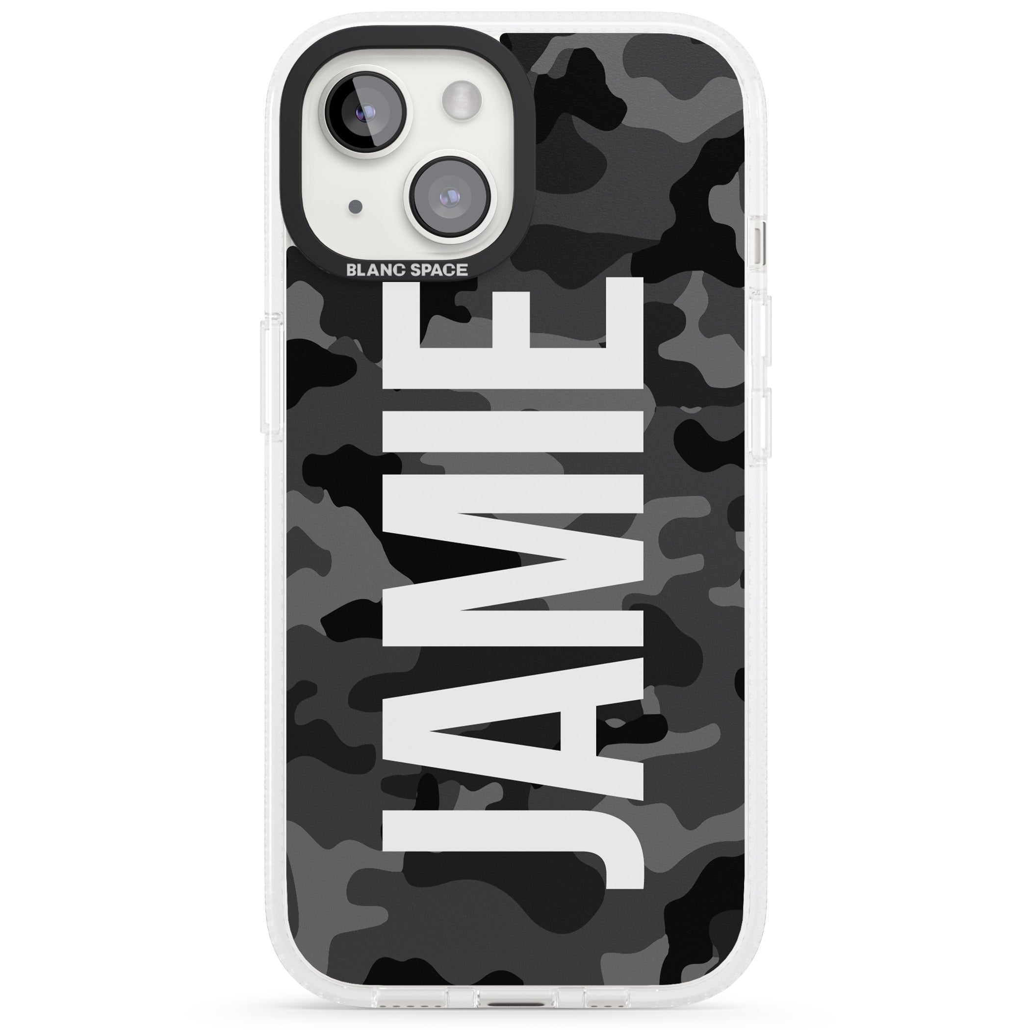 Personalised Vertical Name Black Camouflage iPhone 15 / 14 / 13 Clear Case Impact Air - Blanc Space