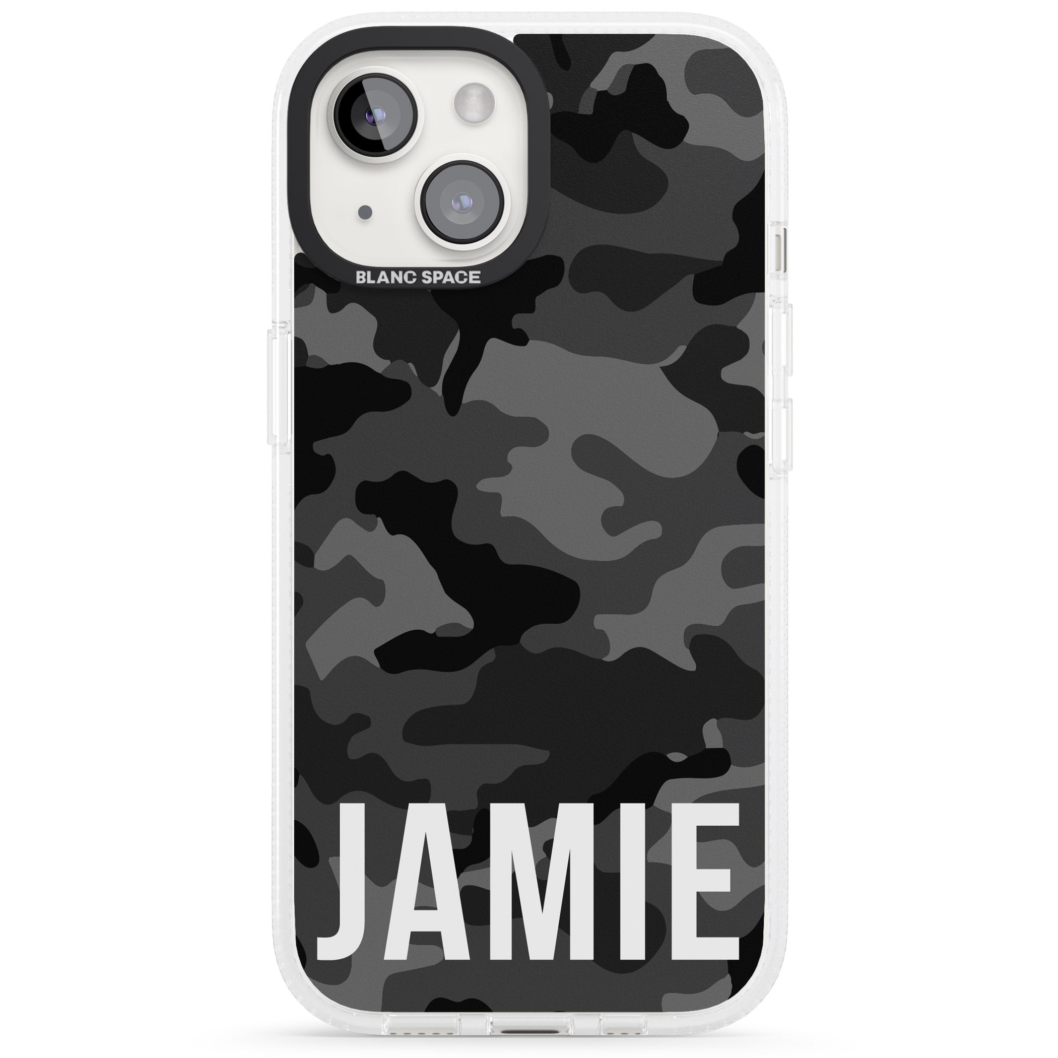 Personalised Horizontal Name Black Camouflage iPhone 15 / 14 / 13 Clear Case Impact Air - Blanc Space