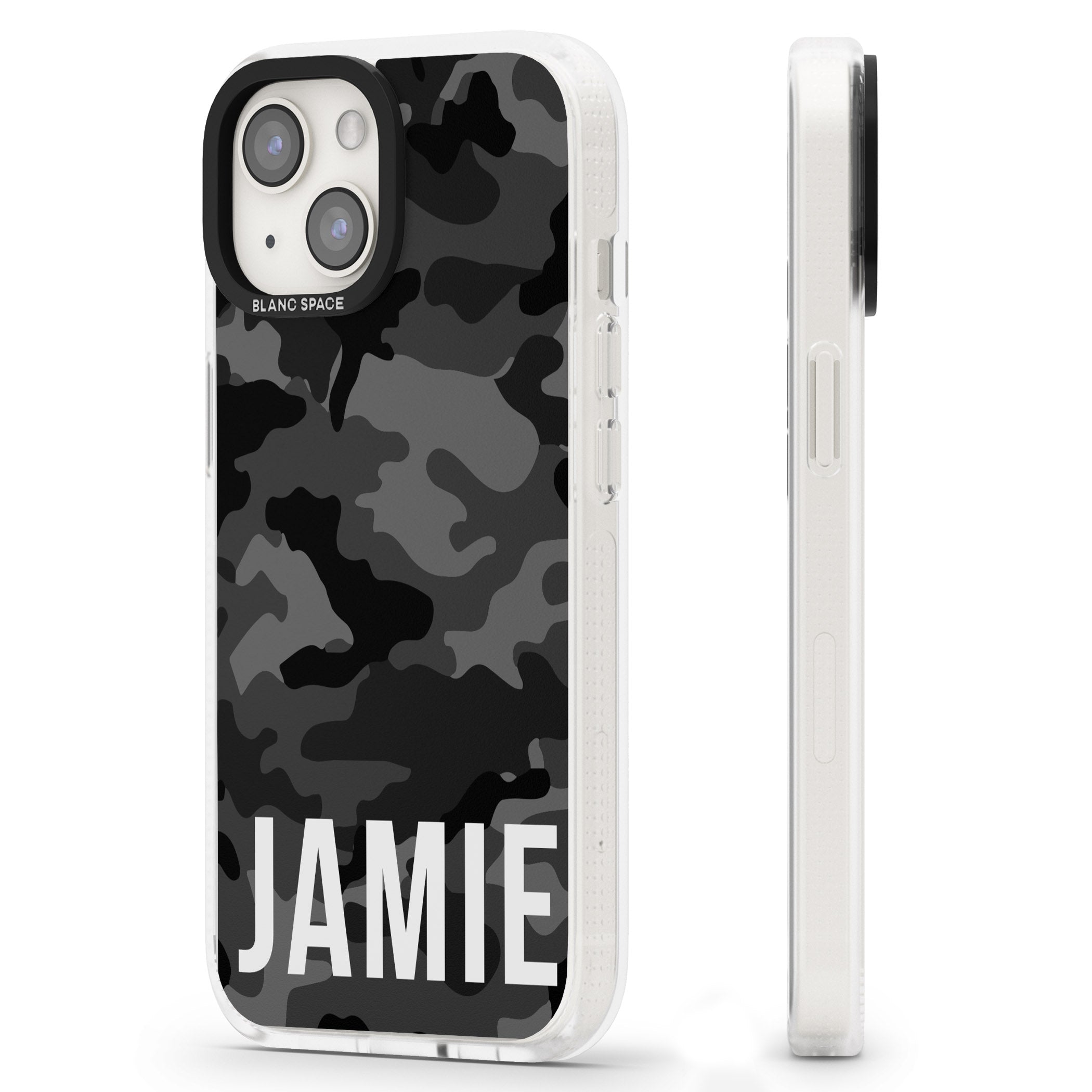 Personalised Horizontal Name Black Camouflage iPhone 15 / 14 / 13 Clear Case Impact Air - Blanc Space