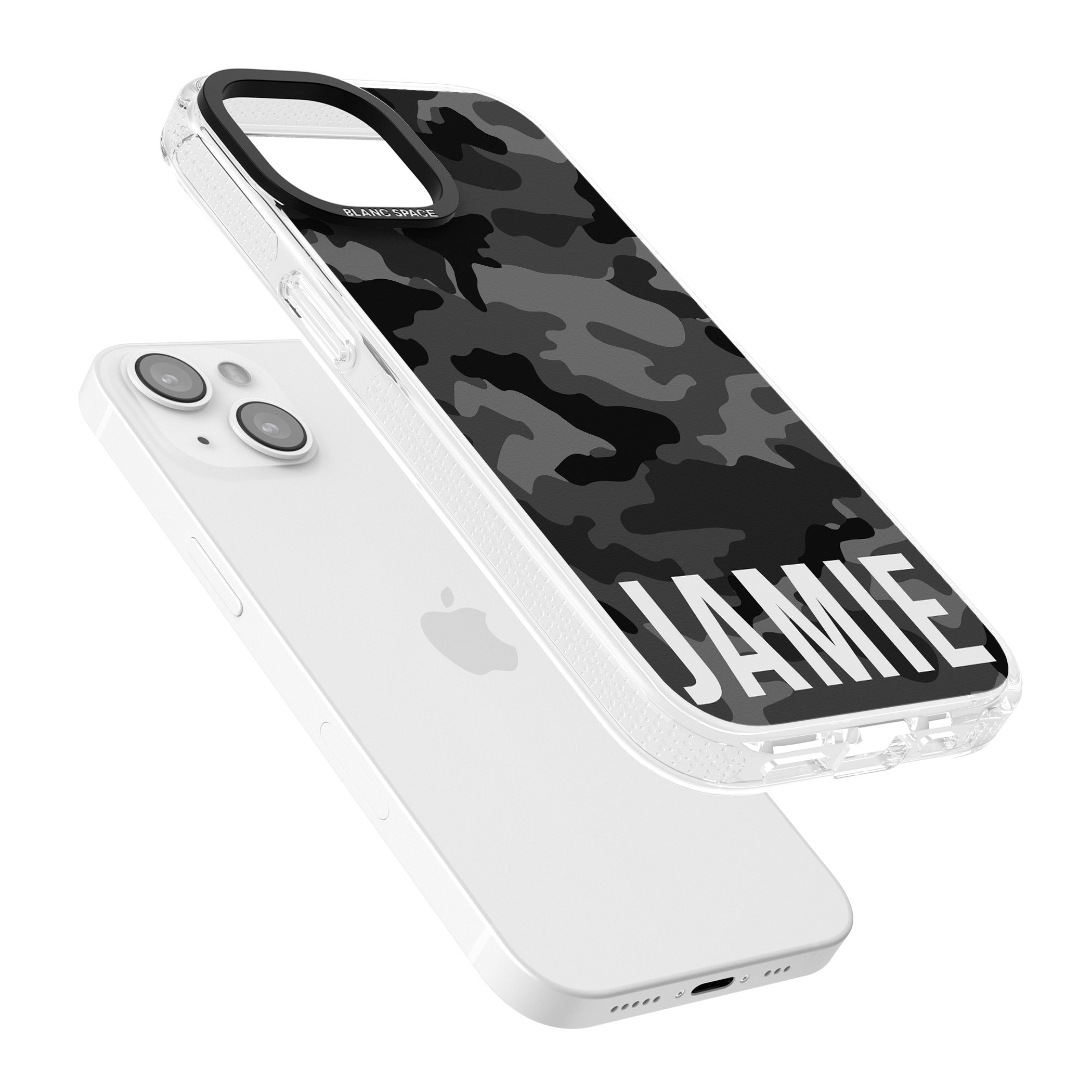 Personalised Horizontal Name Black Camouflage iPhone 15 / 14 / 13 Clear Case Impact Air - Blanc Space