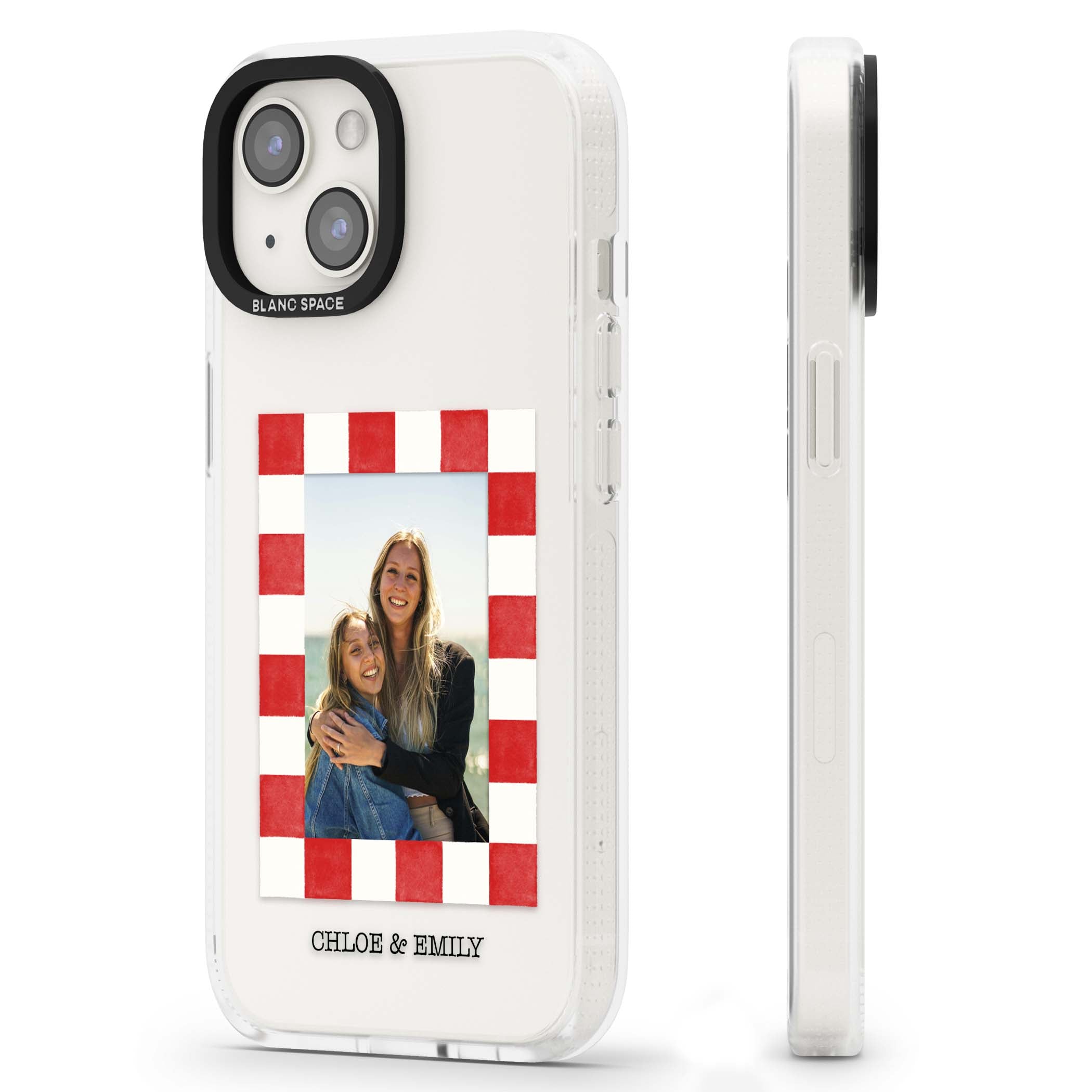 Red Check Photo personalised photo iPhone case with red and white checkered polaroid frame and custom couple name | Clear Case Impact Air case for iPhone 15, iPhone 15 Plus