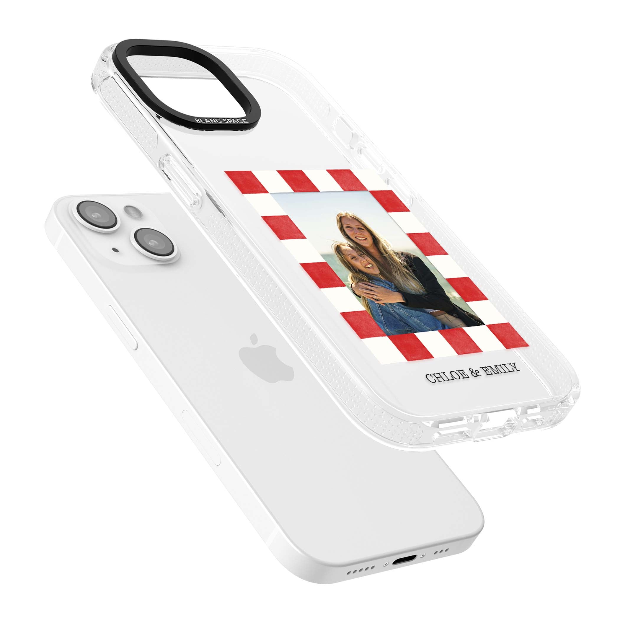 Red Check Photo personalised photo iPhone case with red and white checkered polaroid frame and custom couple name | Clear Case Impact Air case for iPhone 15, iPhone 15 Plus
