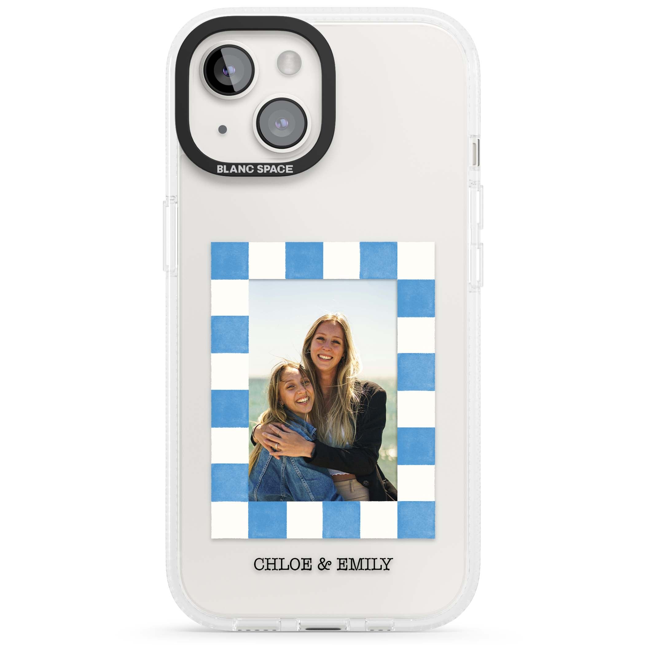 Blue Check Photo personalised photo iPhone case with blue checkered frame and custom couple names | Clear Case Impact Air case for iPhone 15, iPhone 15 Plus