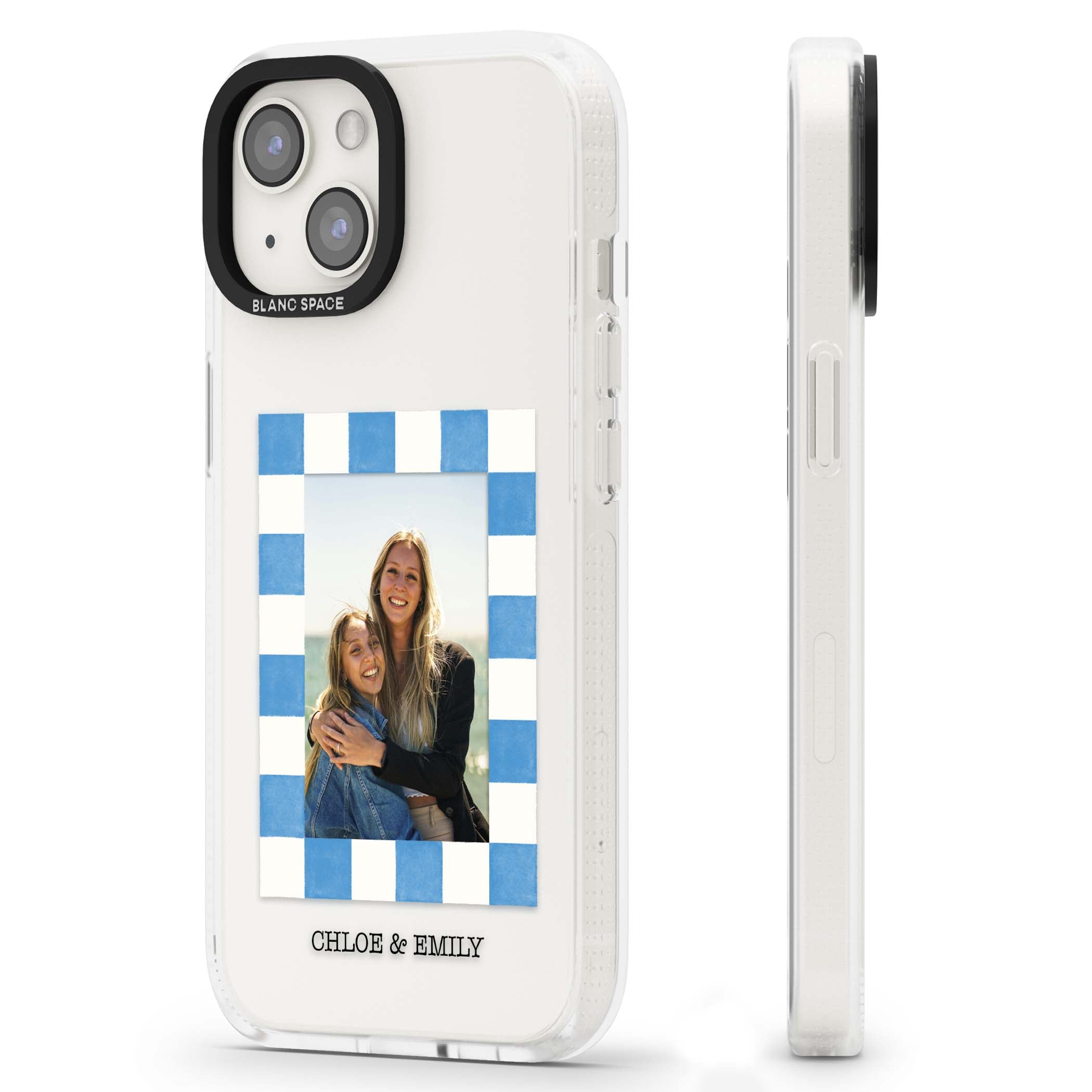 Blue Check Photo personalised photo iPhone case with blue checkered frame and custom couple names | Clear Case Impact Air case for iPhone 15, iPhone 15 Plus