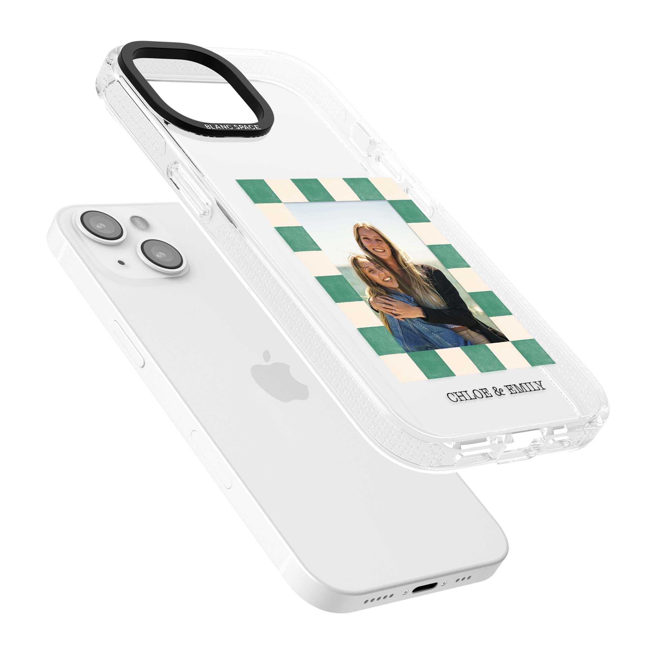 Seafoam Check Photo personalised iPhone case featuring a custom polaroid photo, green and cream checkered frame, and custom n | Clear Case Impact Air case for iPhone 15, iPhone 15 Plus