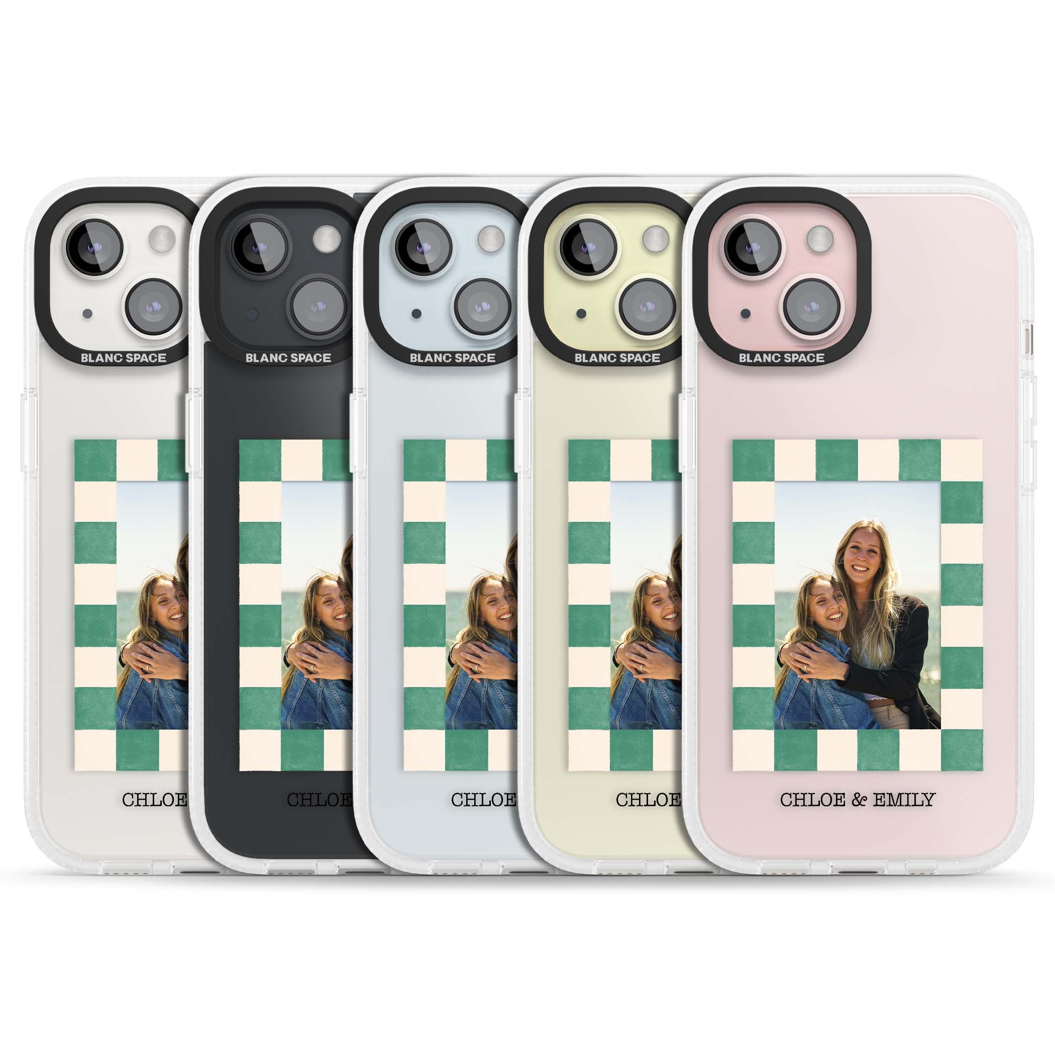 Seafoam Check Photo personalised iPhone case featuring a custom polaroid photo, green and cream checkered frame, and custom n | Clear Case Impact Air case for iPhone 15, iPhone 15 Plus