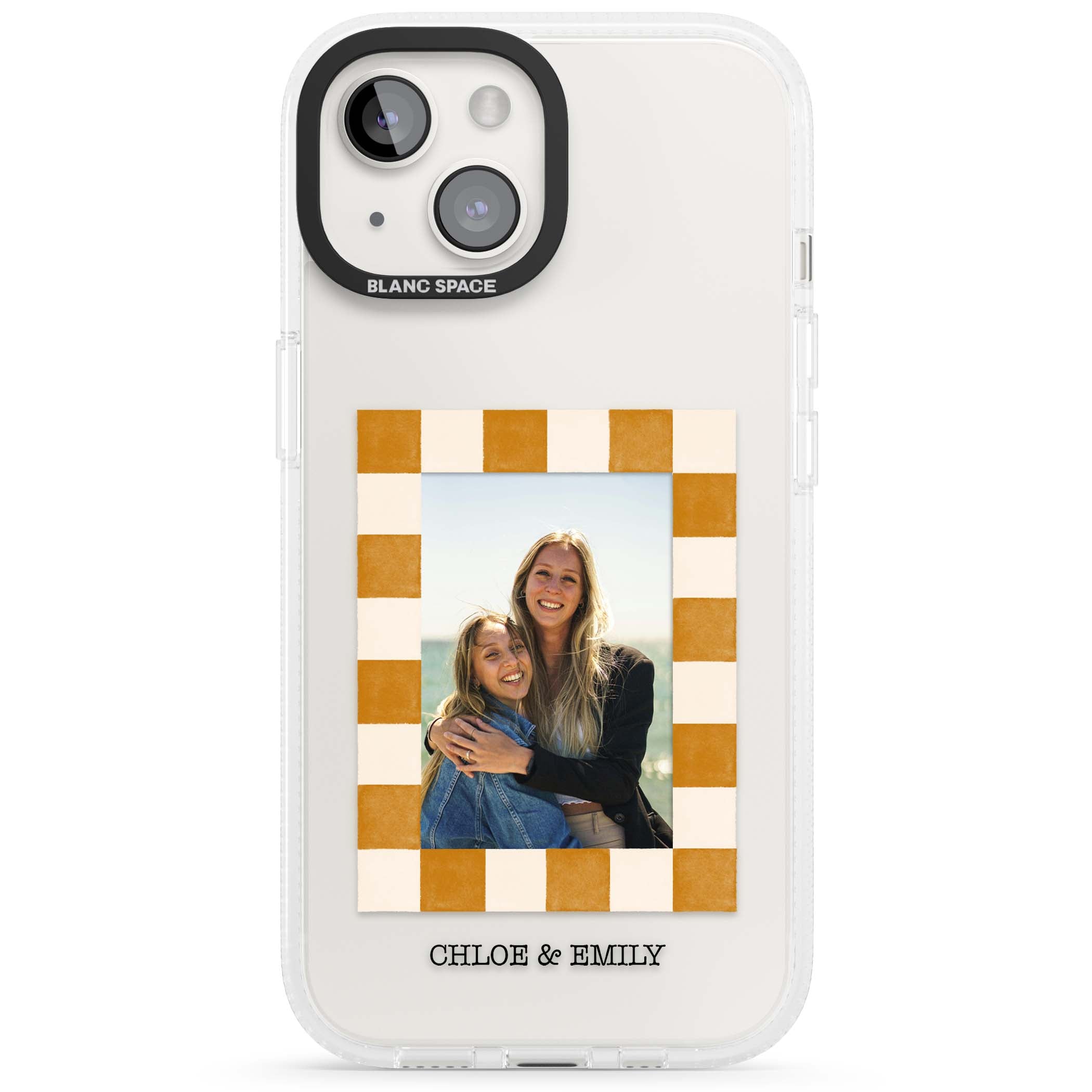 Citrus Check Photo personalised iPhone case with custom photo, orange checkered frame and names underneath | Clear Case Impact Air case for iPhone 15, iPhone 15 Plus