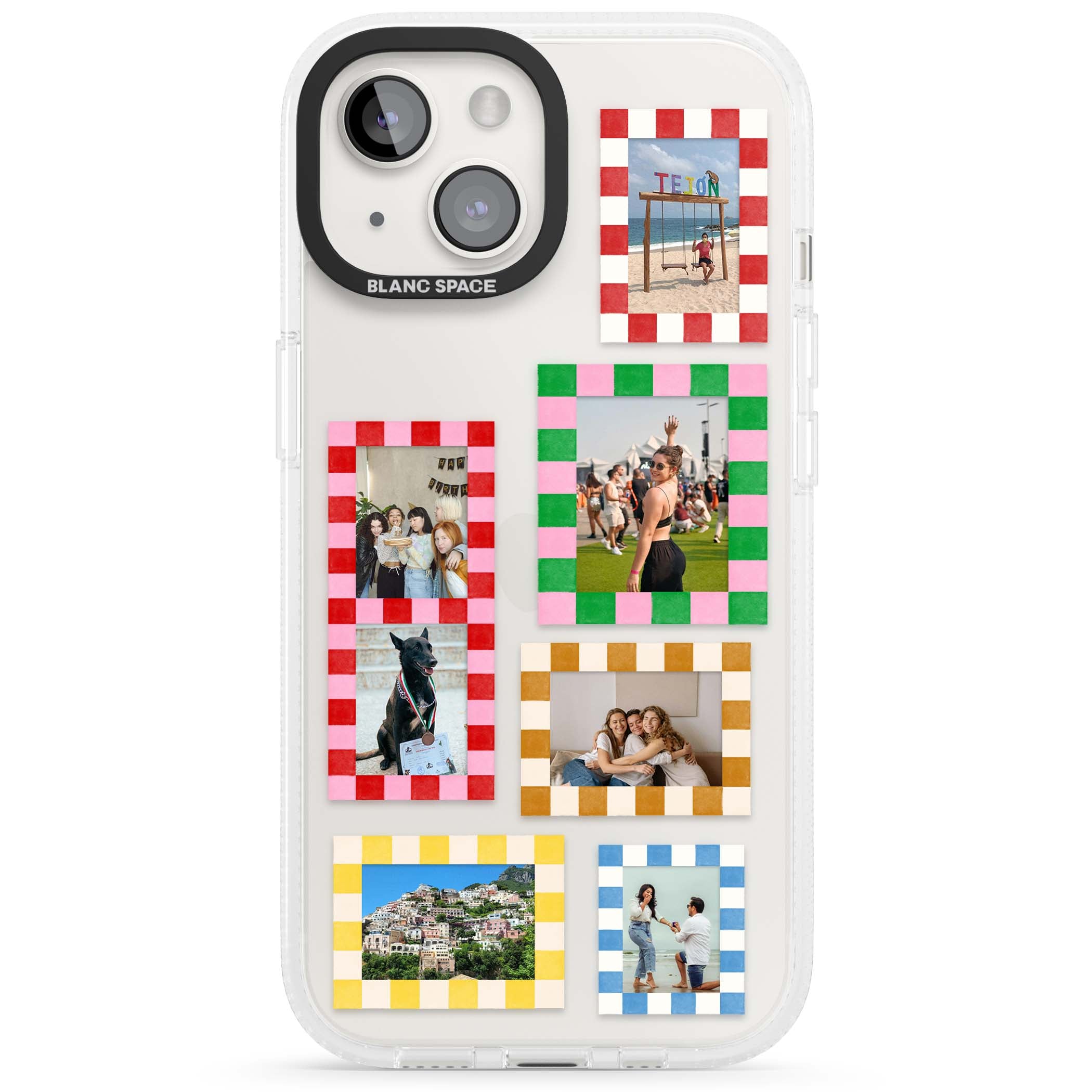 Italian Check Frames custom photo collage iPhone case featuring six checkered photo frames in red, green, pink and | Clear Case Impact Air case for iPhone 15, iPhone 15 Plus