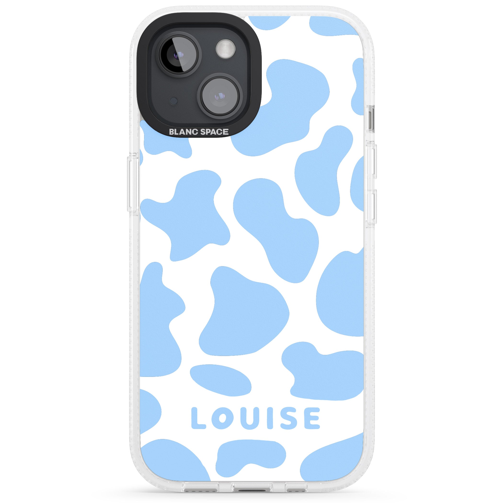 Personalised Blue and White Cow Print iPhone 15 / 14 / 13 Clear Case Impact Air - Blanc Space