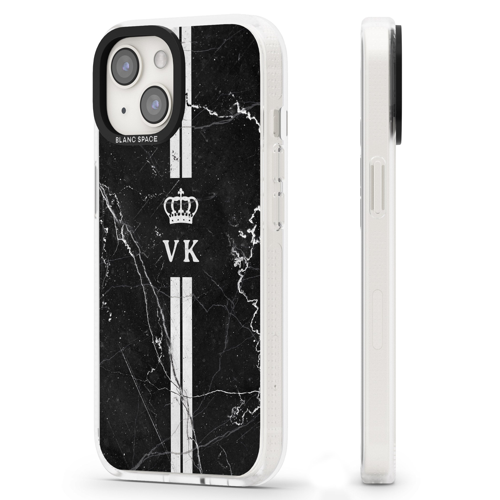 Personalised Stripes + Initials with Crown on Black Marble iPhone 15 / 14 / 13 Clear Case Impact Air - Blanc Space