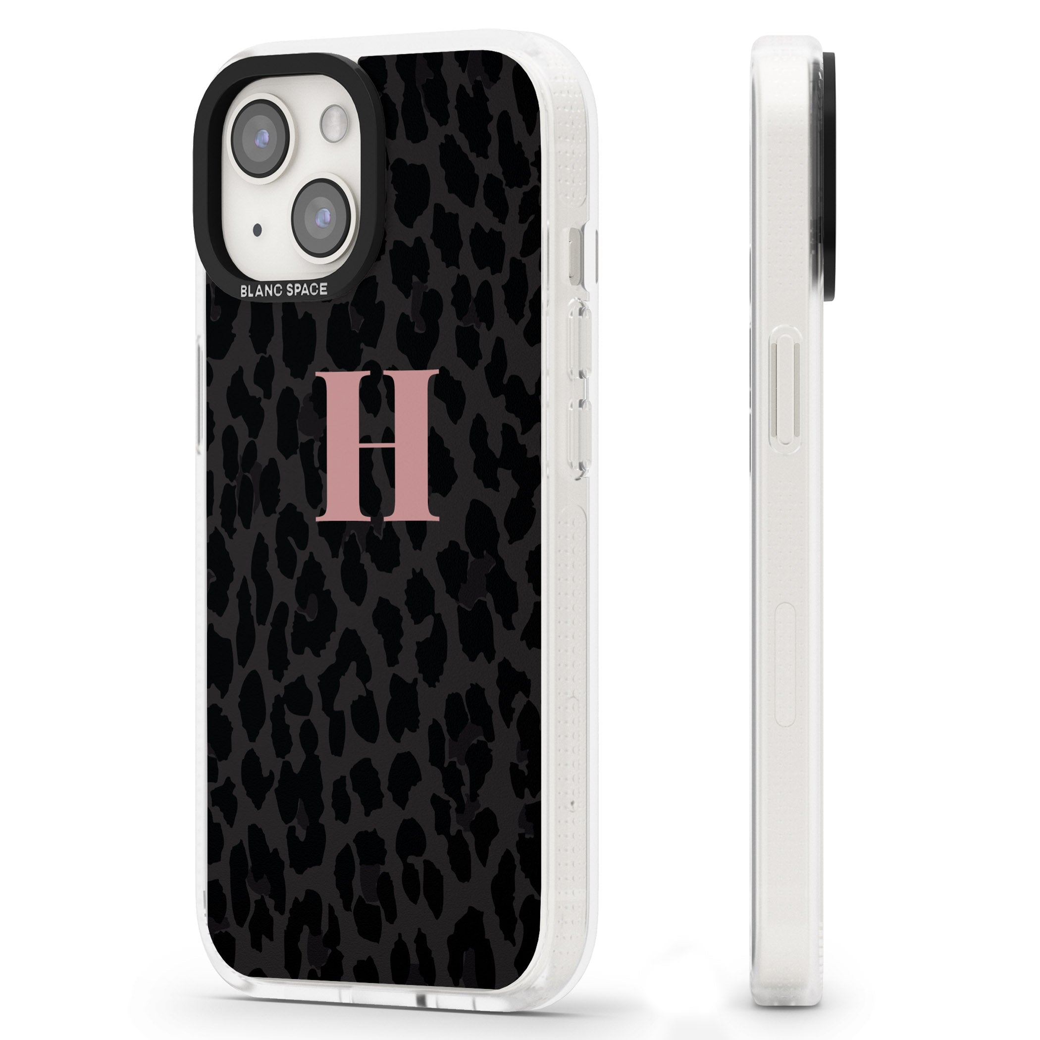 Personalised Small Pink Leopard Monogram iPhone 15 / 14 / 13 Clear Case Impact Air - Blanc Space